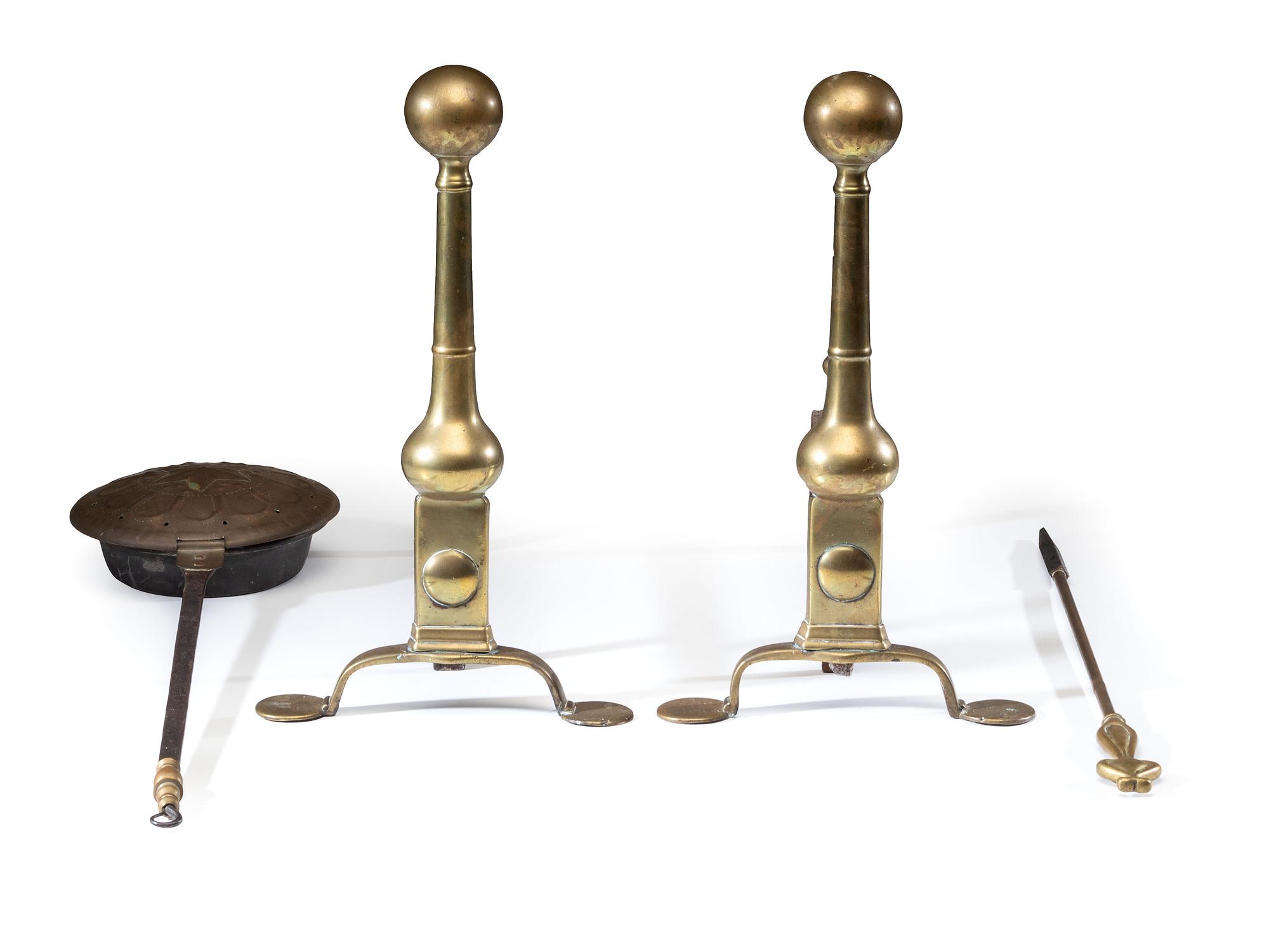 A Pair of Federal Brass and Wrought-Iron Andirons