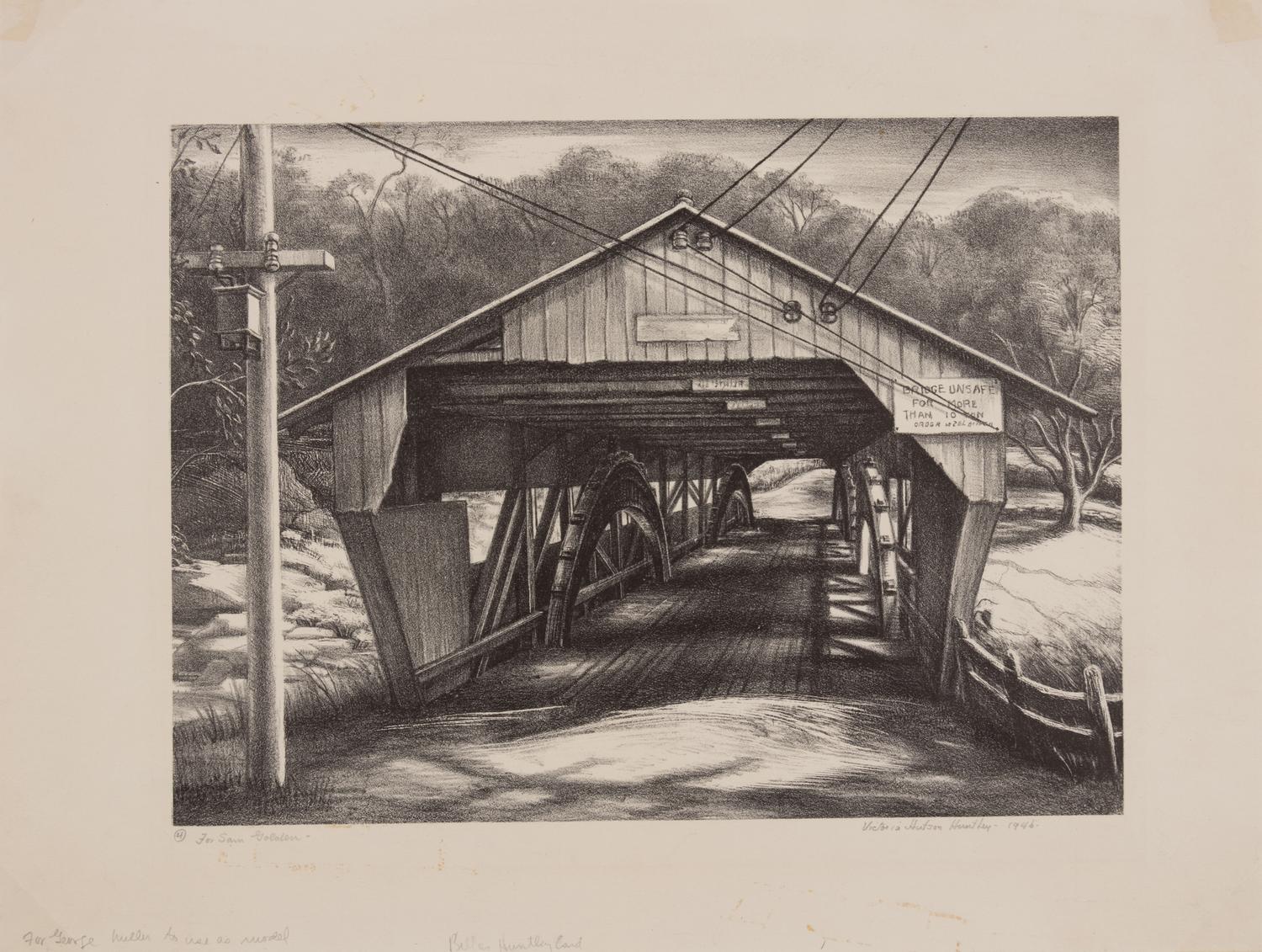 A group of three American prints (Albert Heckman, Overhead Bridge ; Victoria Huntley, Covered Bridge ; Woldemar Neufeld, The Covered Bridge )