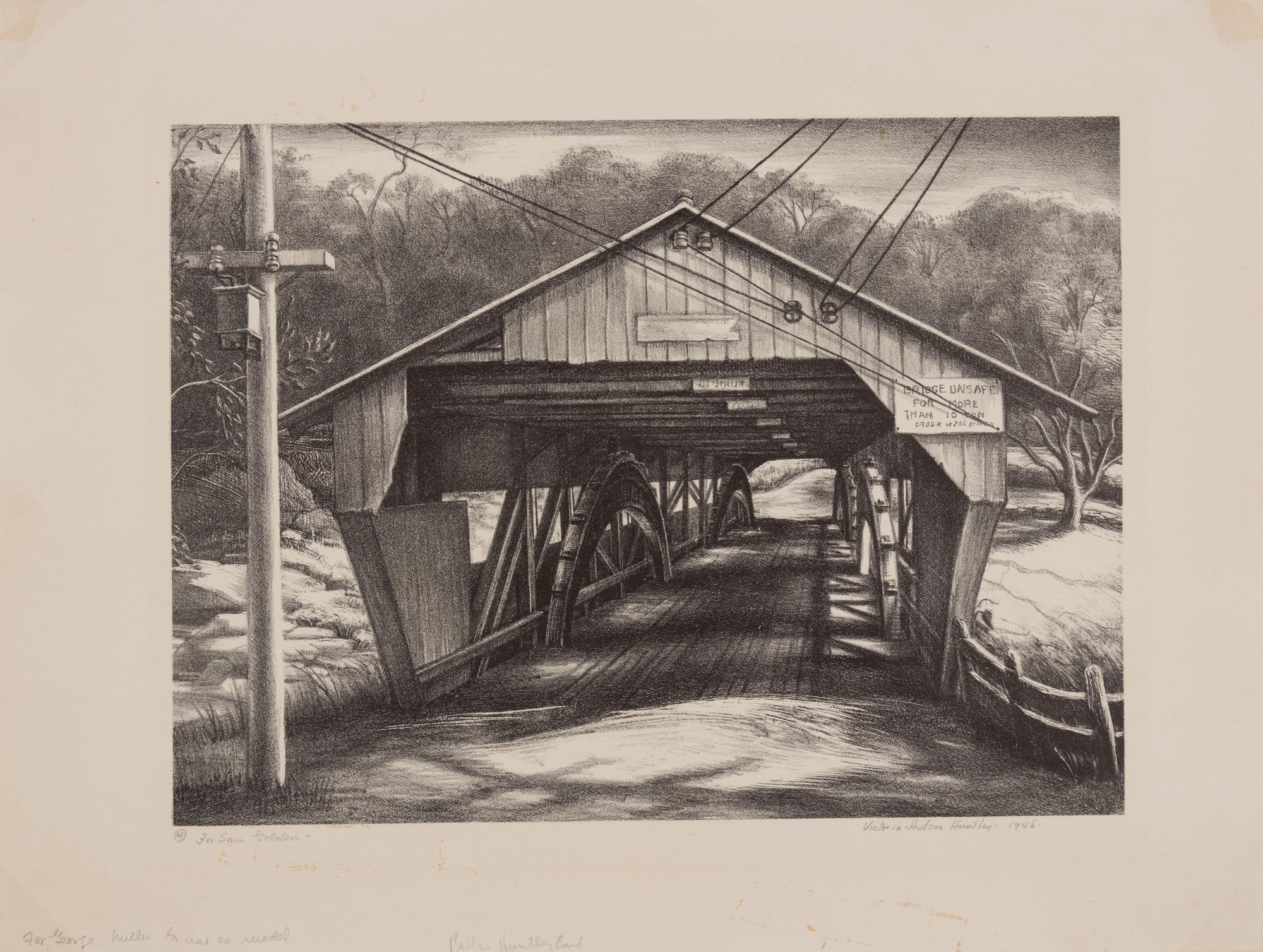 A group of three American prints (Albert Heckman, Overhead Bridge ; Victoria Huntley, Covered Bridge ; Woldemar Neufeld, The Covered Bridge )