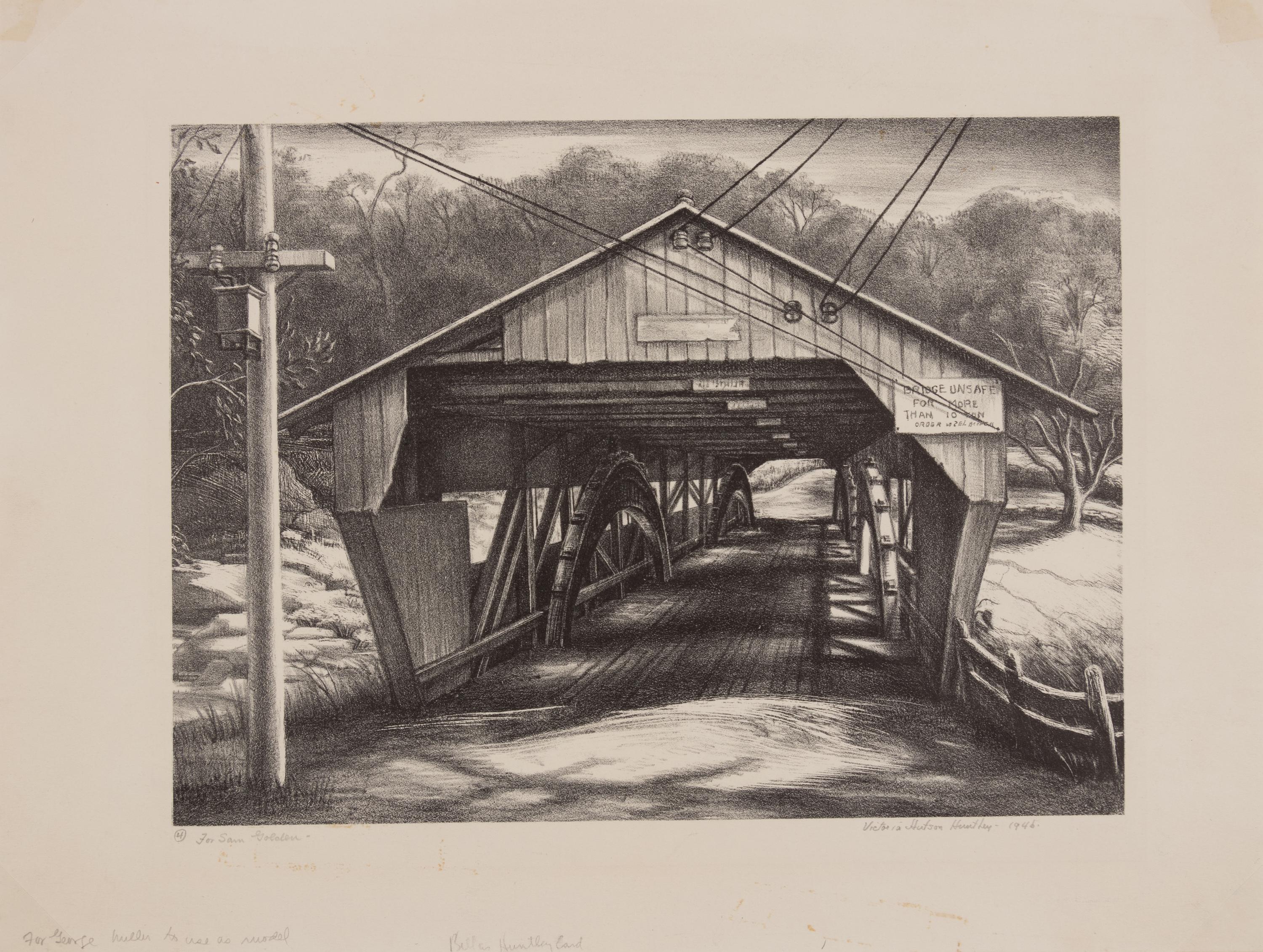 A group of three American prints (Albert Heckman, Overhead Bridge ; Victoria Huntley, Covered Bridge ; Woldemar Neufeld, The Covered Bridge )