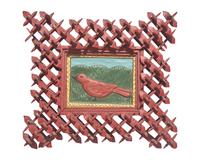 Stephen Huneck (1948-2010), A Carved and Painted Wood Plaque of a Bird in Painted Tramp Art Frame