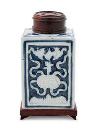 A Chinese White Slip Decorated Blue Ground Rectangular Tea Caddy