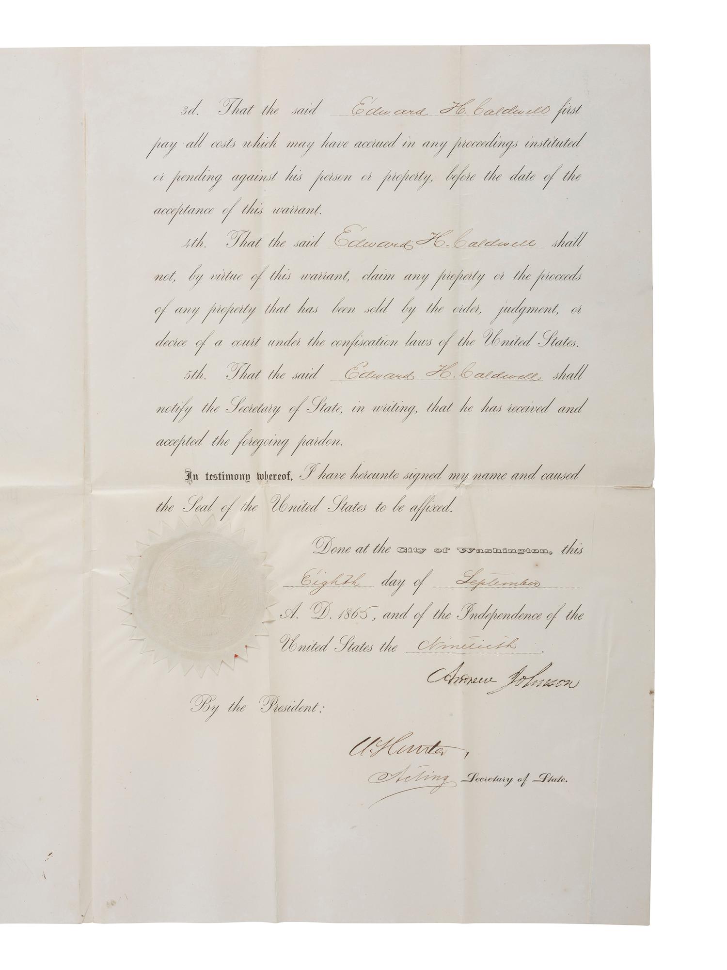 [CIVIL WAR] JOHNSON, Andrew (1808-1875). Partly-printed Presidential pardon stamp-signed by Johnson.