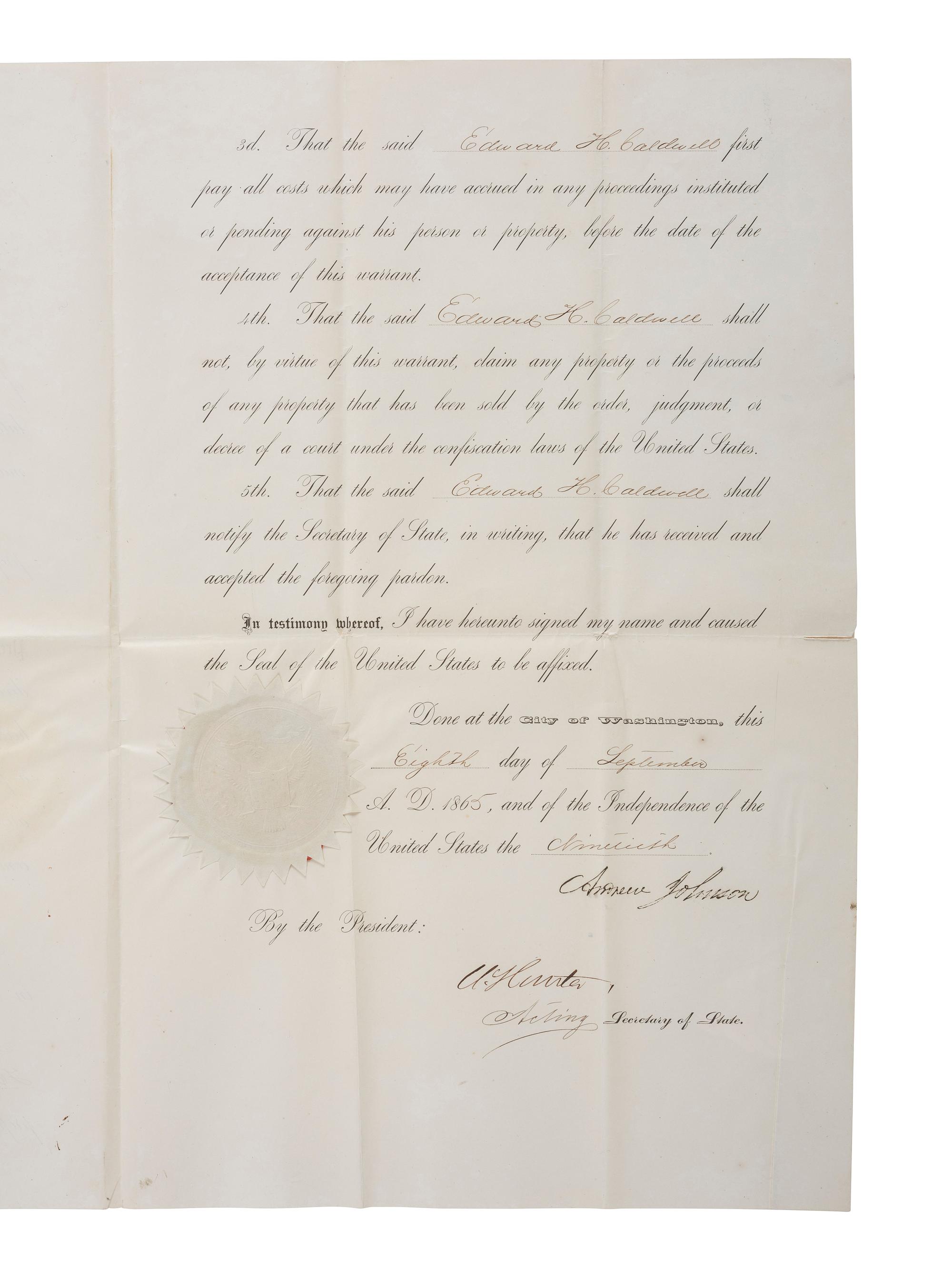 [CIVIL WAR] JOHNSON, Andrew (1808-1875). Partly-printed Presidential pardon stamp-signed by Johnson.