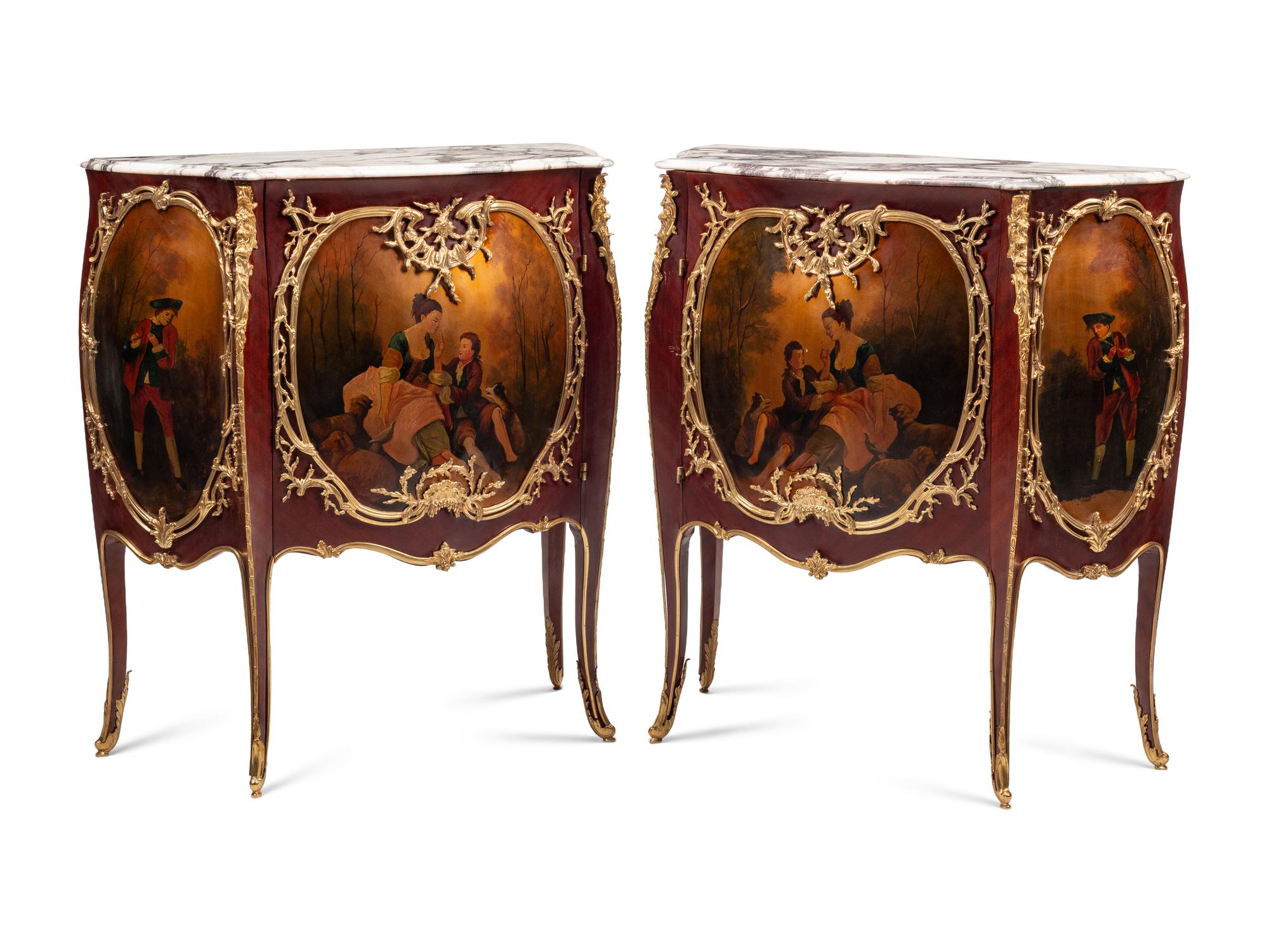 A Pair of Louis XV Style Gilt Bronze Mounted Marble-Top Cabinets
