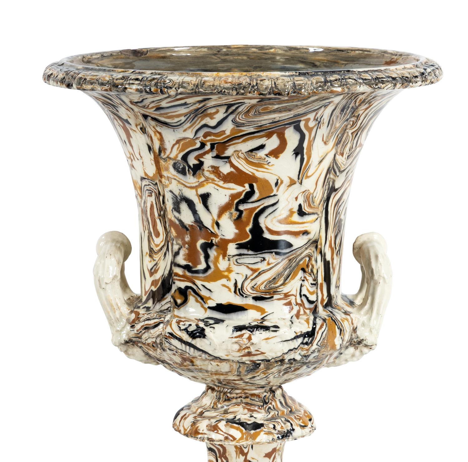 A Pair of Marble-Glazed Terracotta Urns Mounted as Lamps