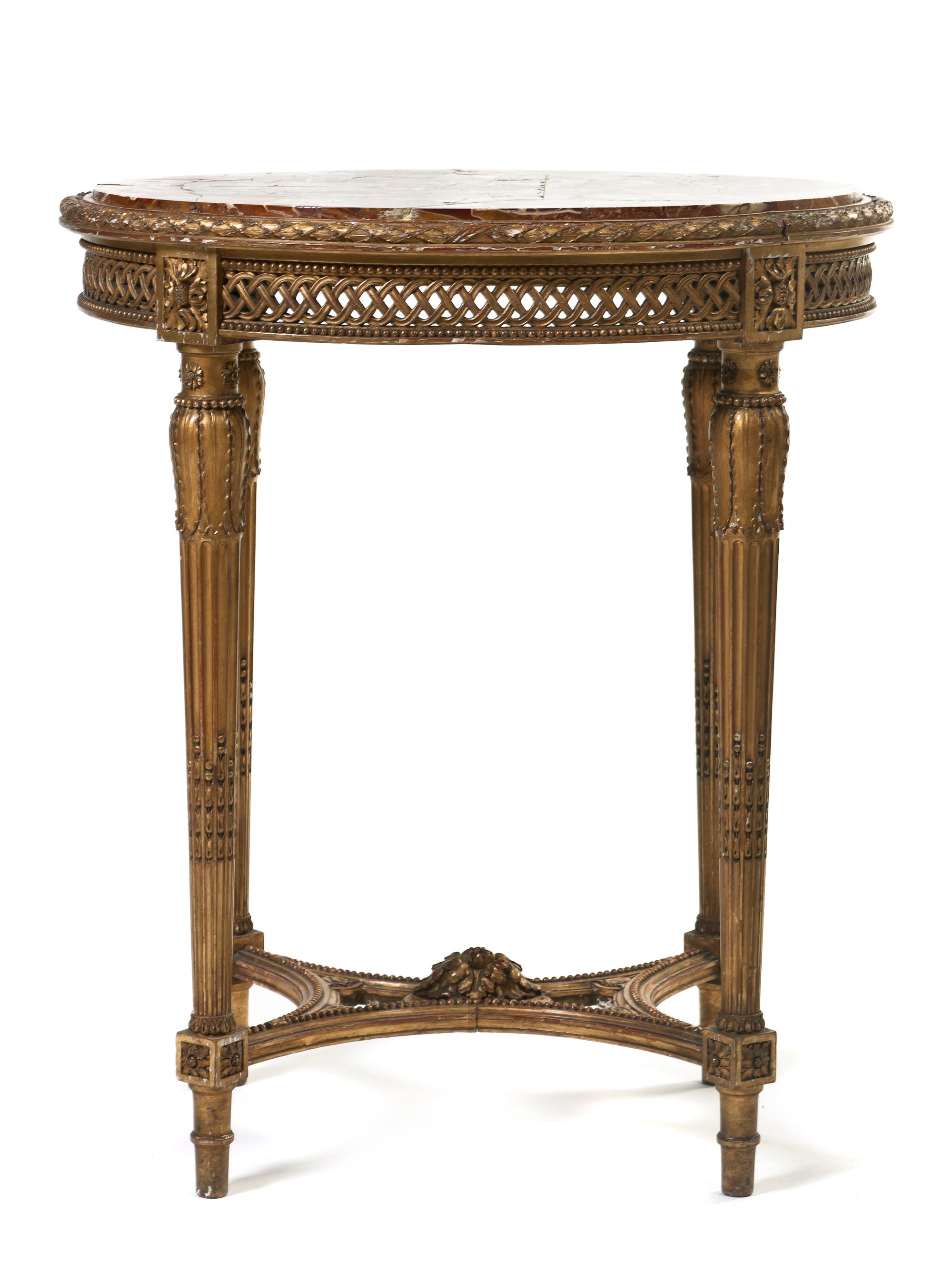 A Louis XVI Style Giltwood Occasional Table, Height 30 1/2 x width 26 x depth 21 inches.