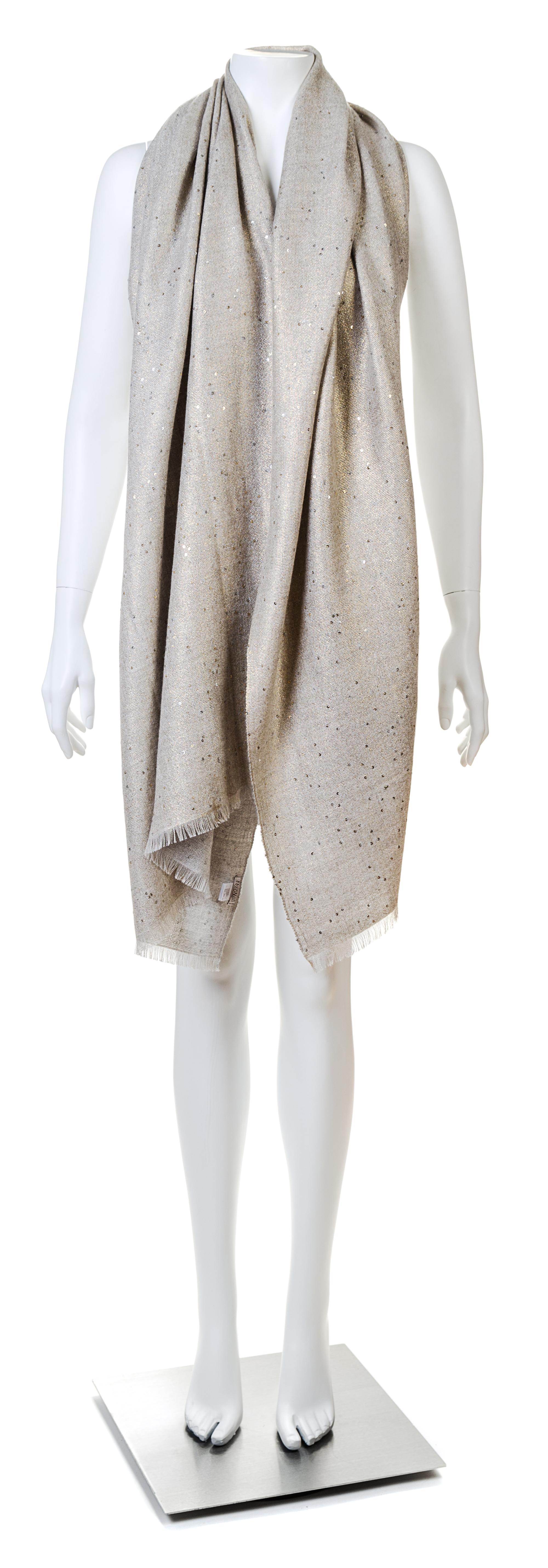 A Bruno Cuccinelli Gray and Gold Cashmere Shawl, 80.5" x 31".