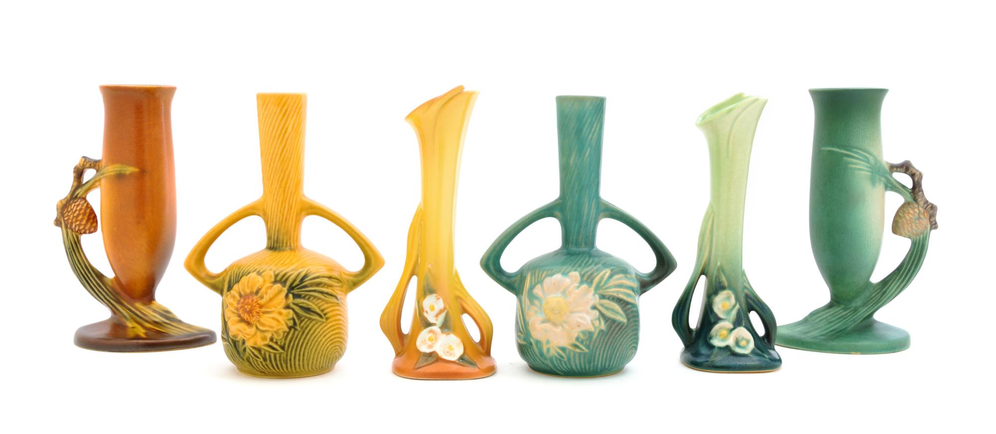 Three Pairs of Roseville Bud Vases Height of tallest pair 7 1/2 inches.