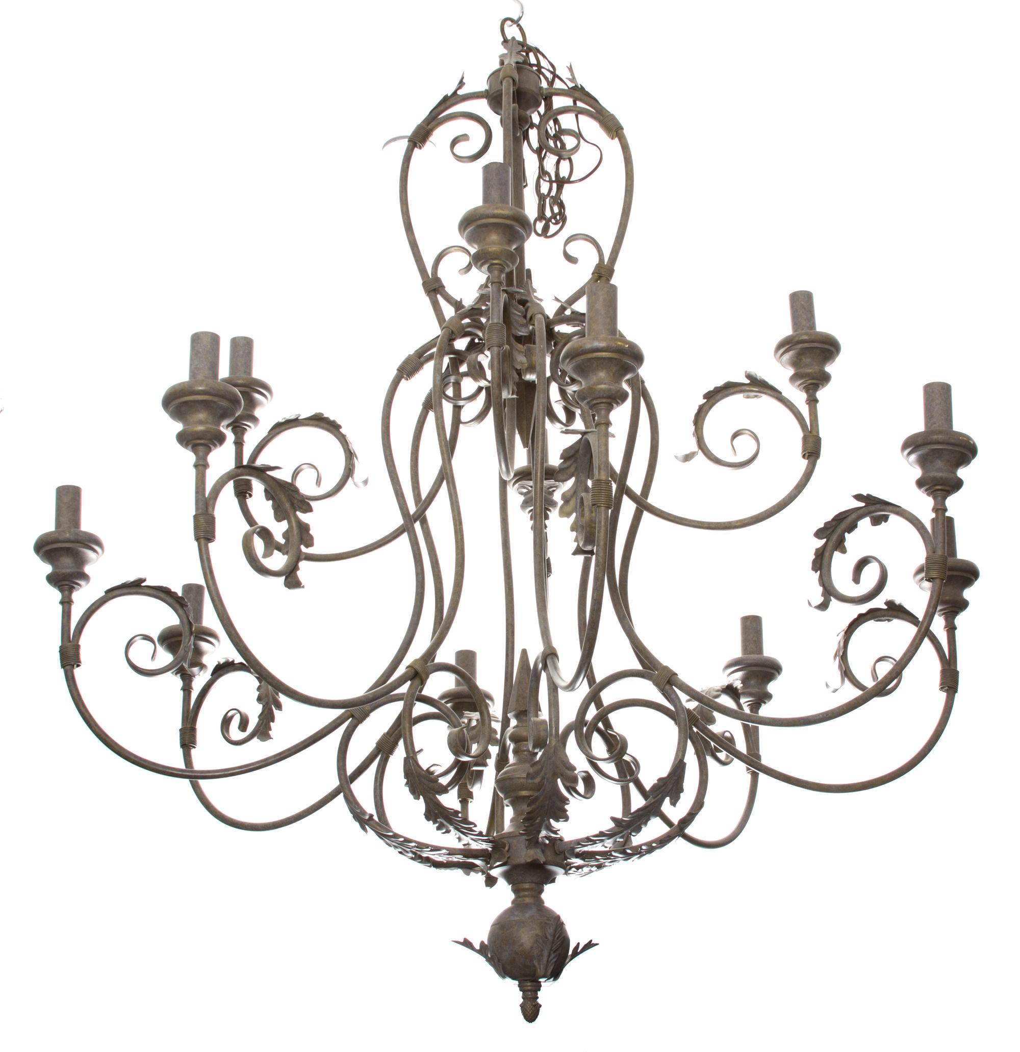 A Twelve-Light Louis XV Style Patinated Metal Chandelier Height 36 x diameter 45 inches. — 20TH CENTURY