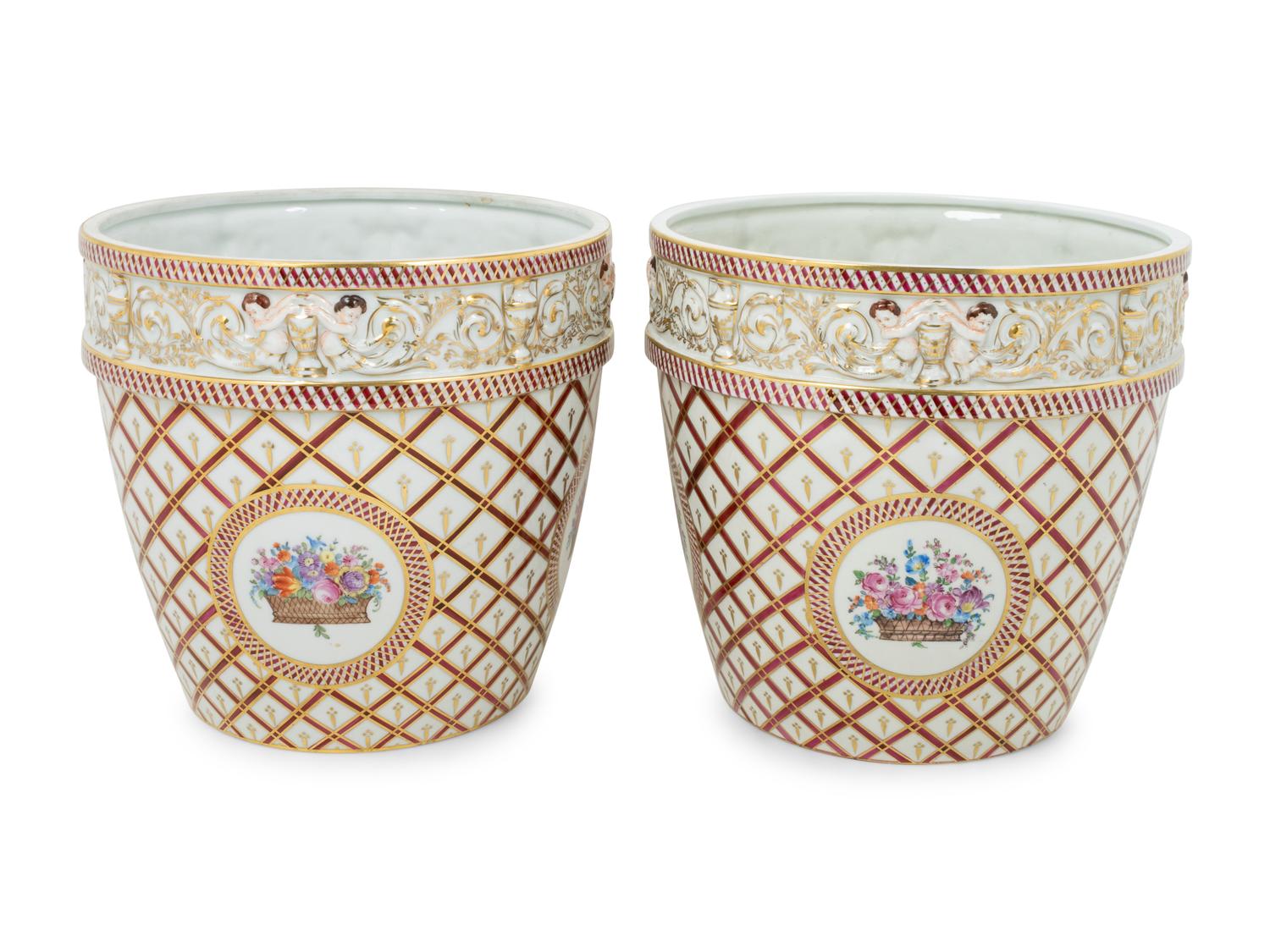 A Pair of Dresden Porcelain Cache Pots