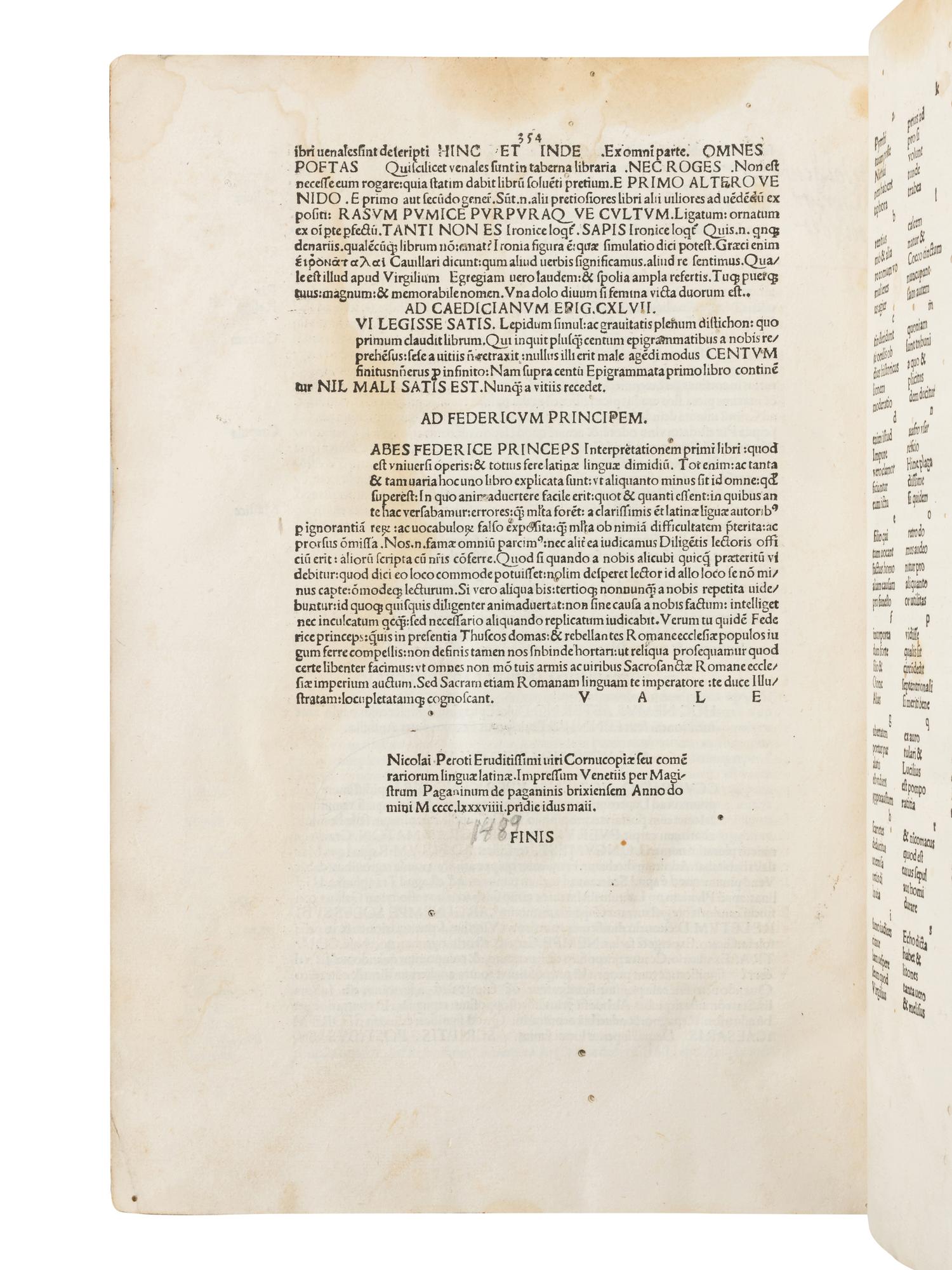 PEROTTUS, Nicolaus (1430-1480). Cornucopiae linguae latinae . Pyrrhus Perottus and Ludovicus Odaxius, editors. Venice: Paganinus de Paganinis, May 14, 1489.