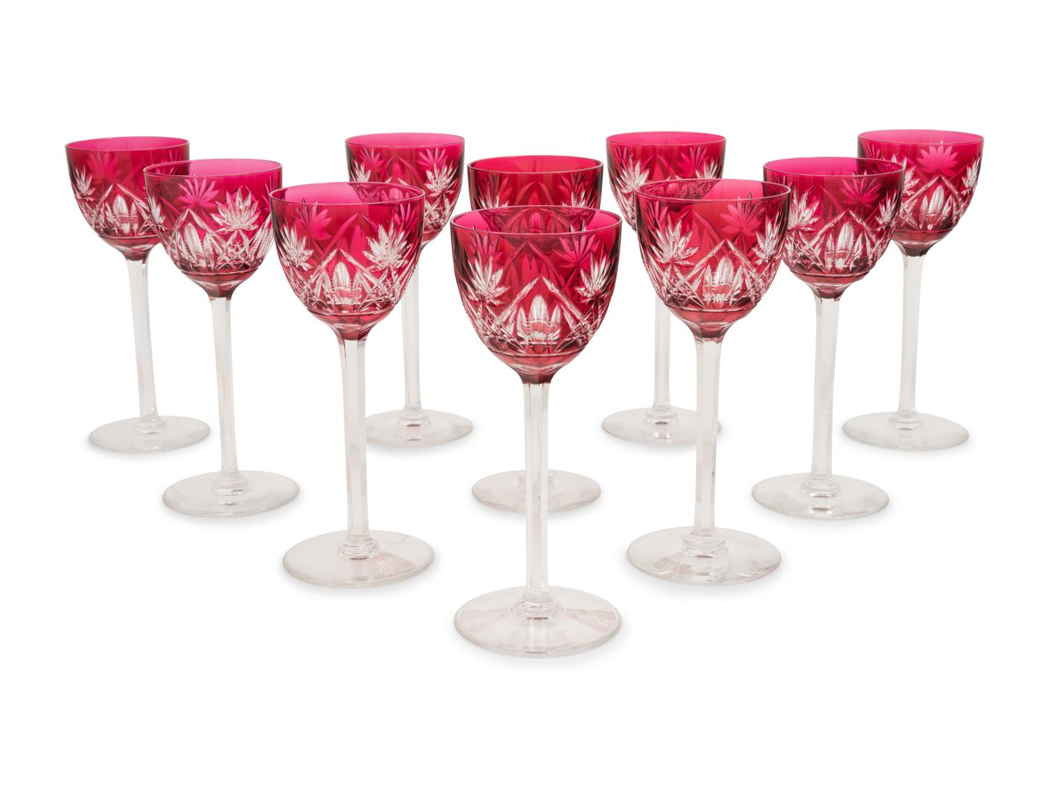 A Set of Ten Cranberry Cut-to-Clear Glass Wine Stems