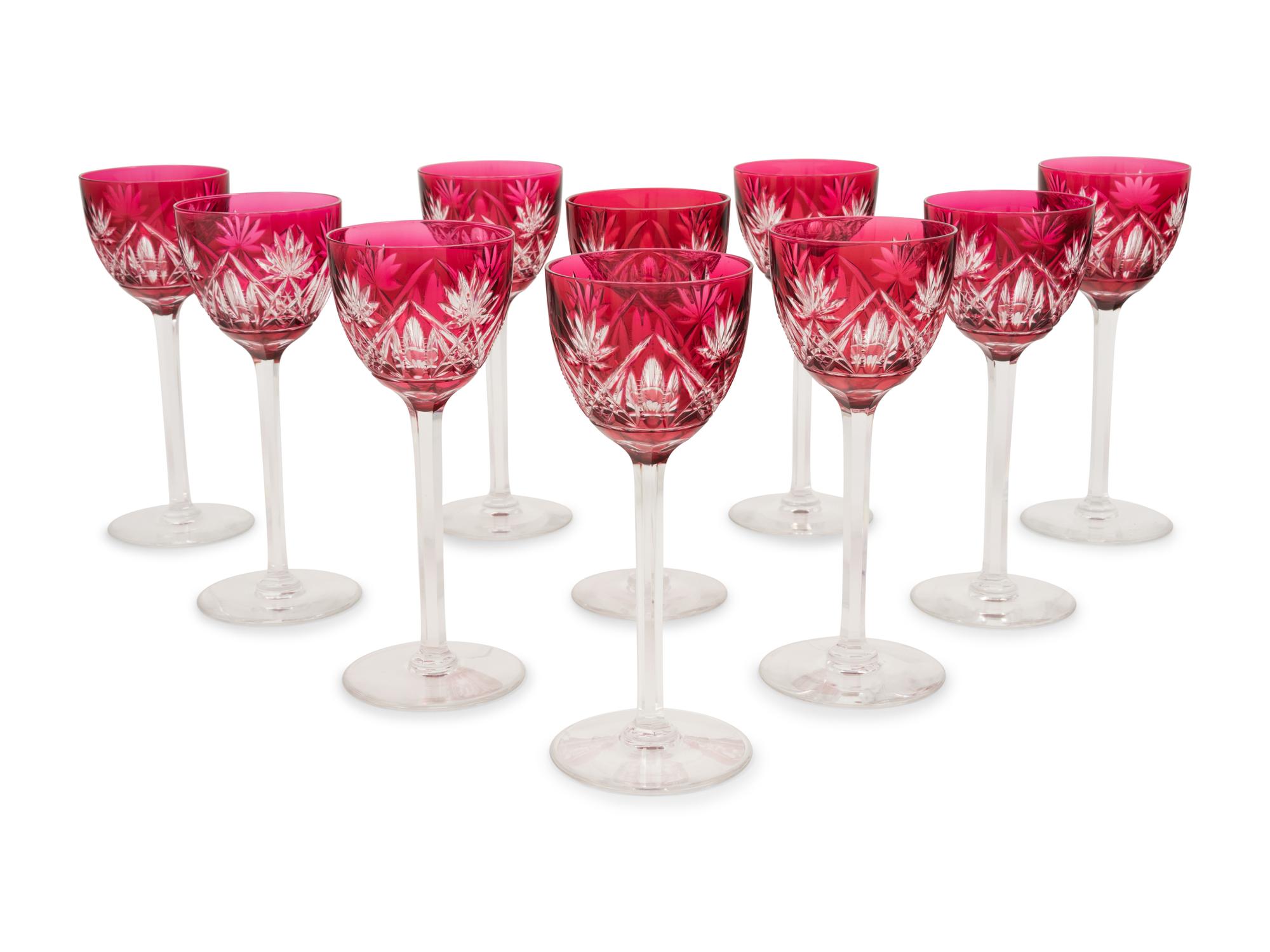 A Set of Ten Cranberry Cut-to-Clear Glass Wine Stems