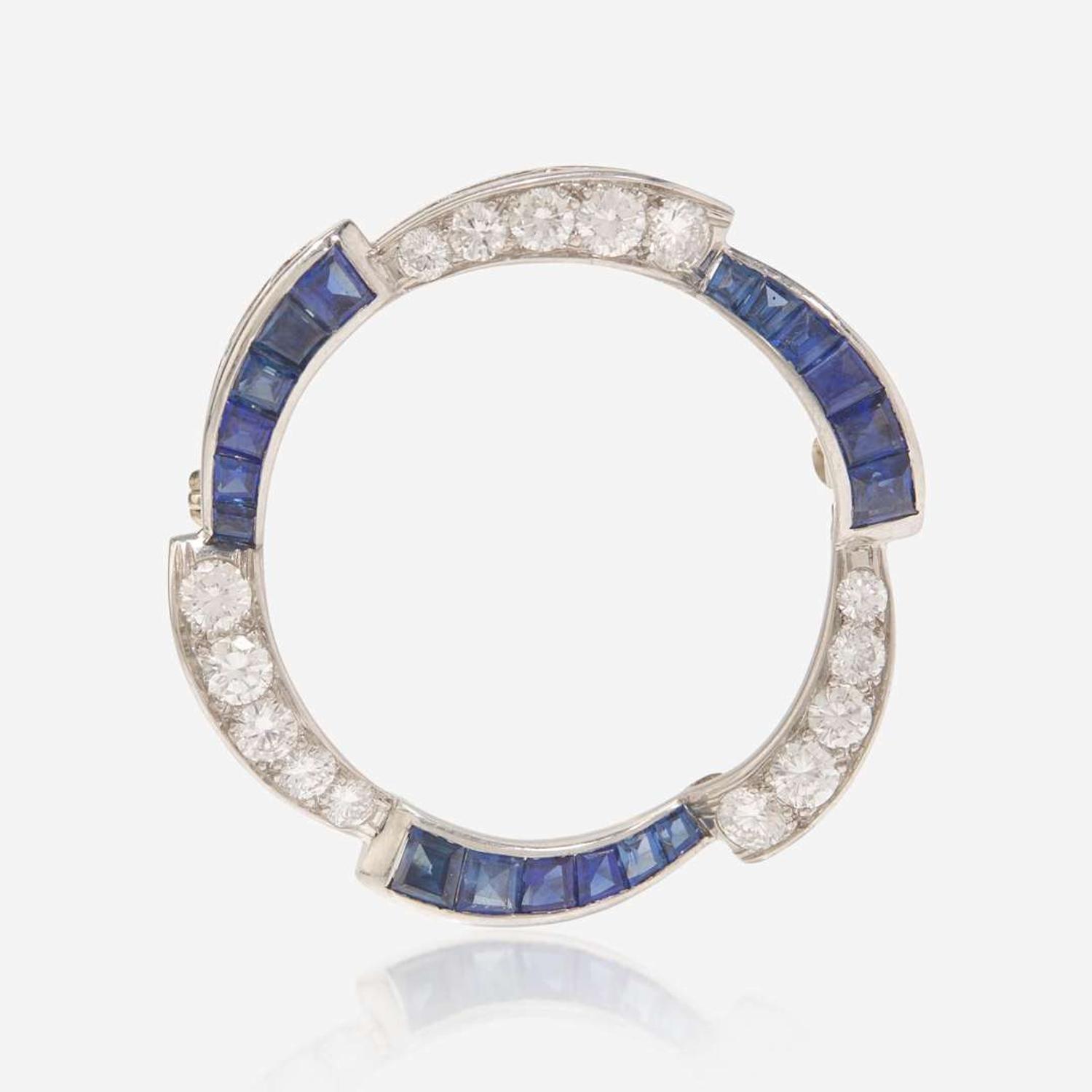 A Sapphire, Diamond, and 14K White Gold Brooch