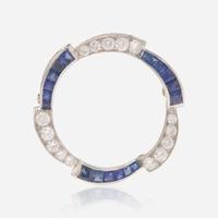 A Sapphire, Diamond, and 14K White Gold Brooch
