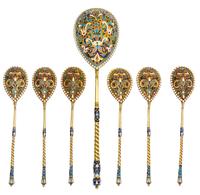 A Set of Russian Silver-Gilt and Enamel Spoons, Mark of Nikanov Zolotov, kokoshnik mark of Ivan Lebedkin, Moscow, late 19th/early 20th