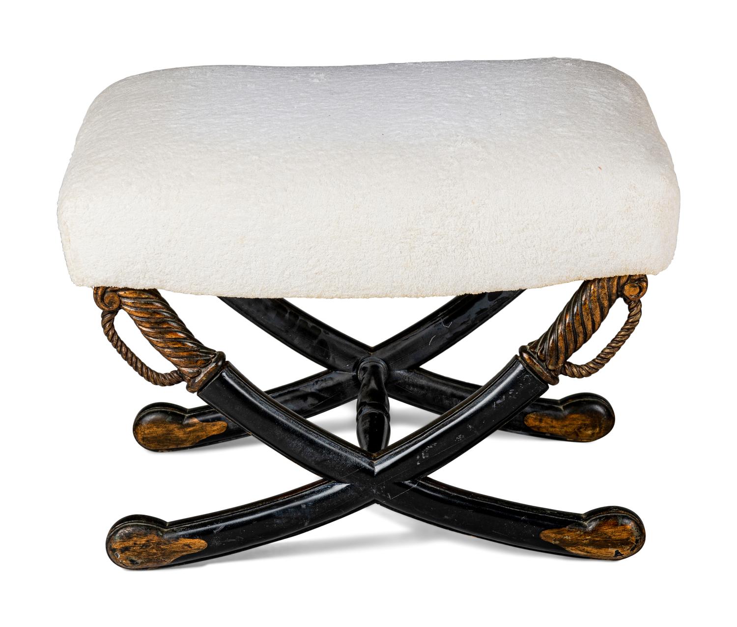 An Italian Style Black-Painted and Parcel-Gilt X-Frame Stool