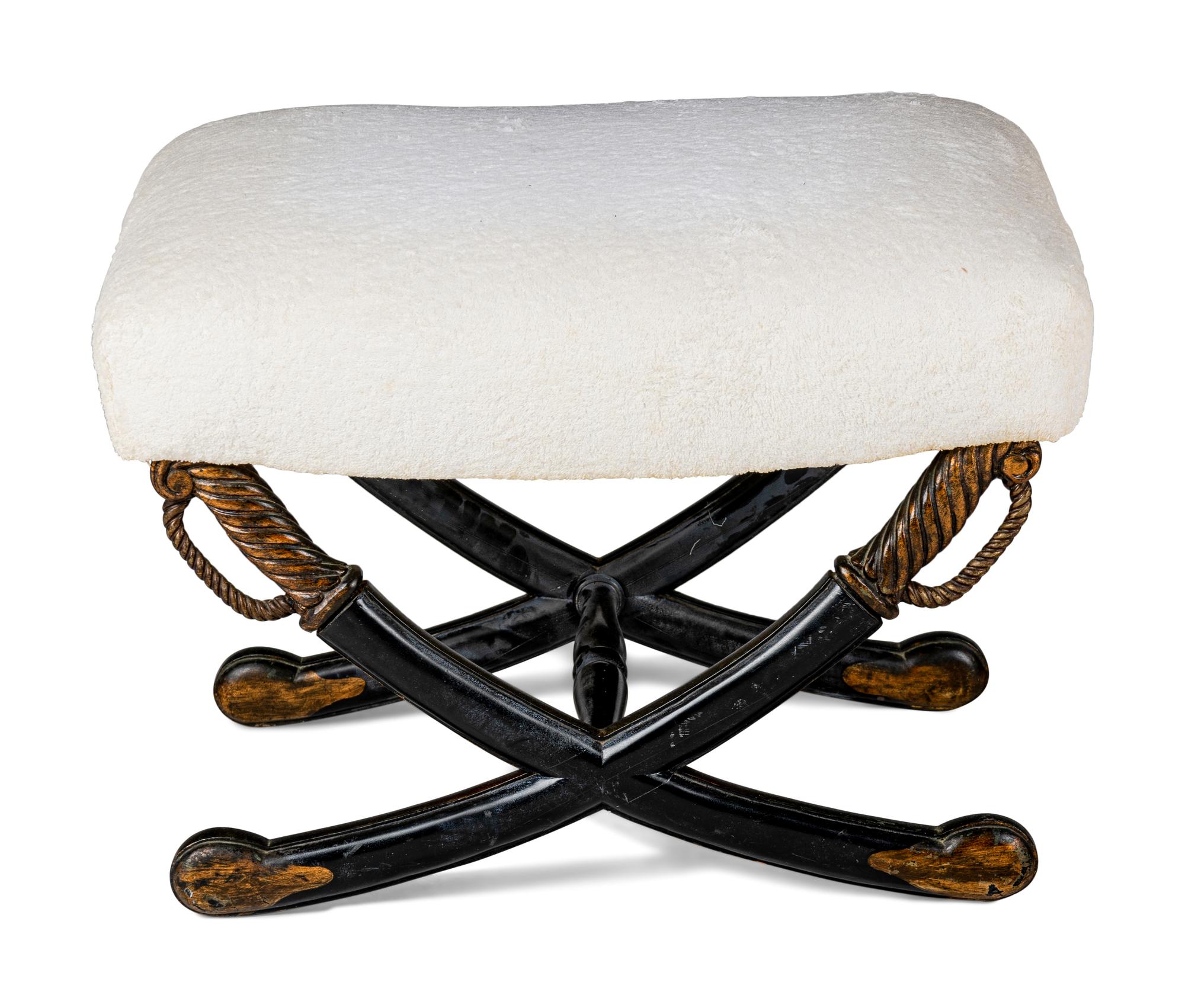An Italian Style Black-Painted and Parcel-Gilt X-Frame Stool