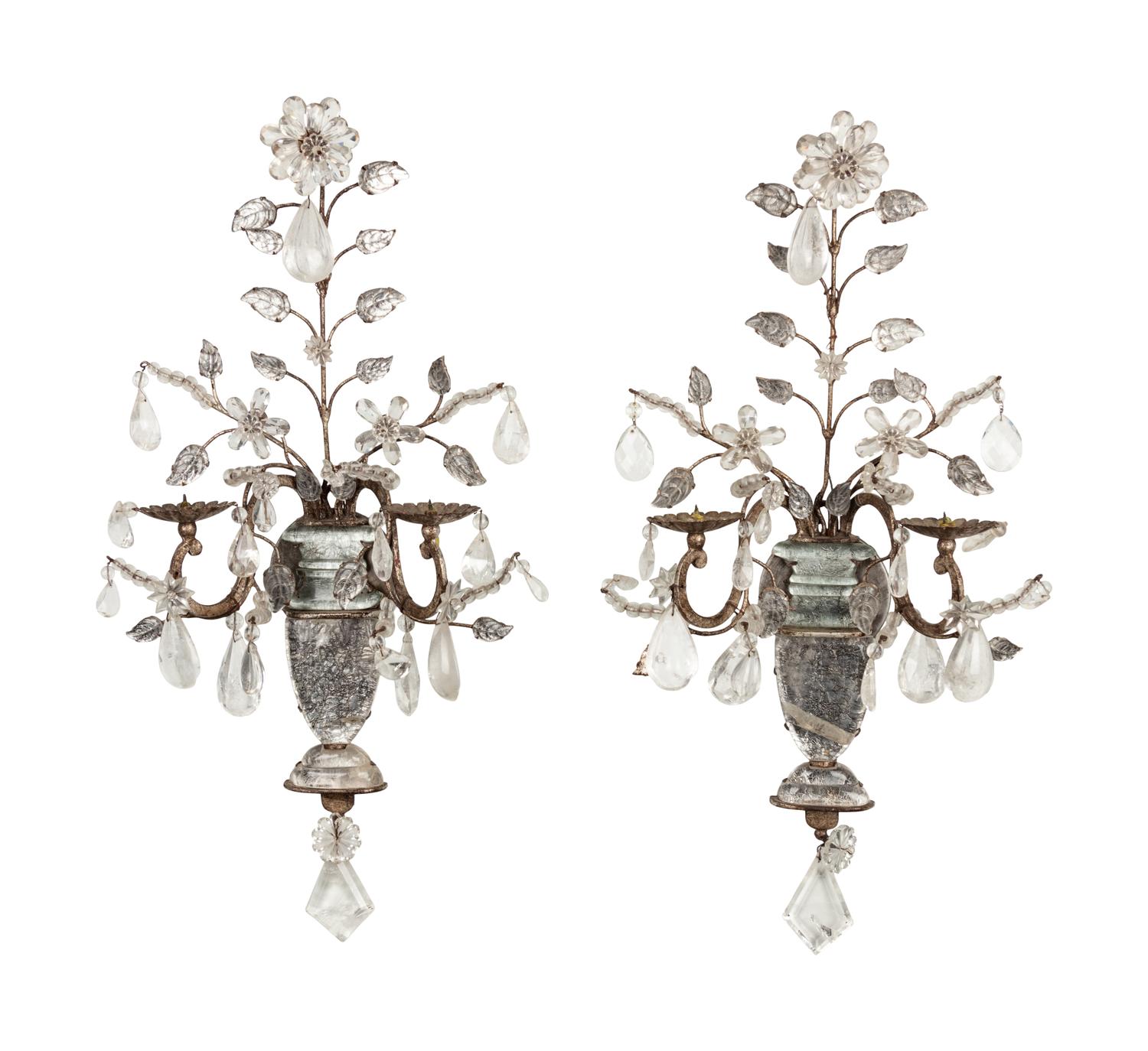 A Pair of French Silvered-Metal, Glass and Rock Crystal Two-Light Candelabra