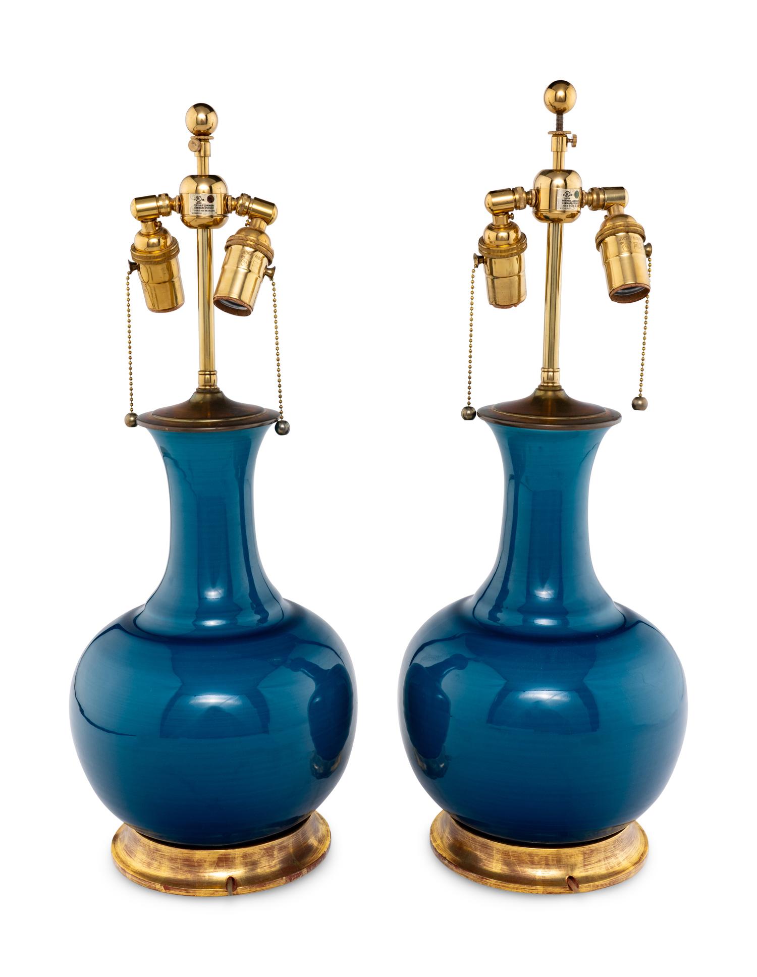 A Pair of Christopher Spitzmiller Blue-Glazed Table Lamps