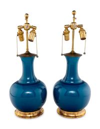 A Pair of Christopher Spitzmiller Blue-Glazed Table Lamps