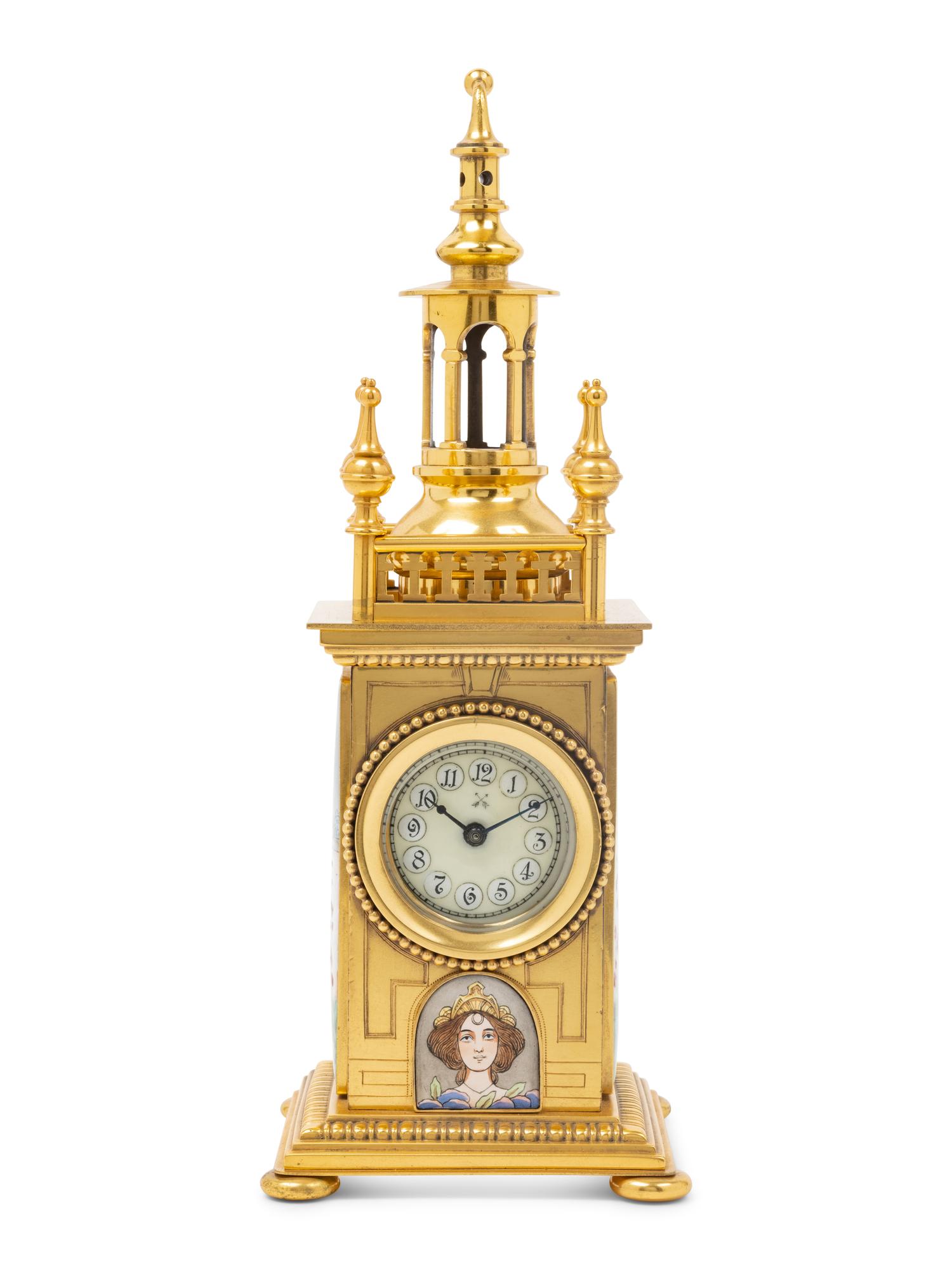 A Continental Gilt Metal and Enameled Mantel Clock