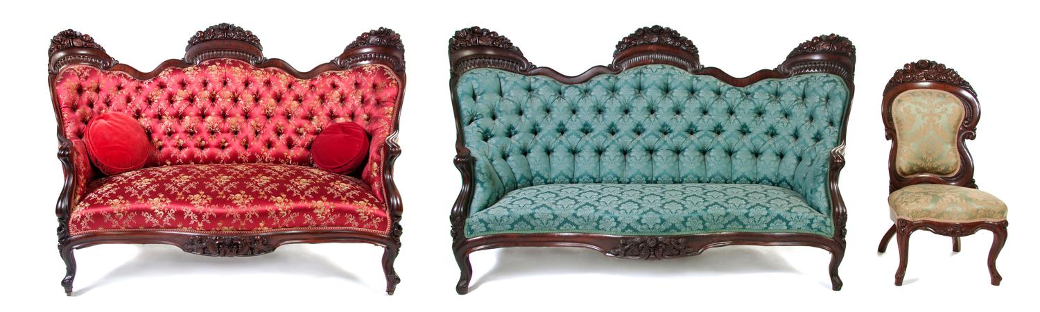 A John Henry Belter Laminated Parlour Suite, Width of settee 74 inches.