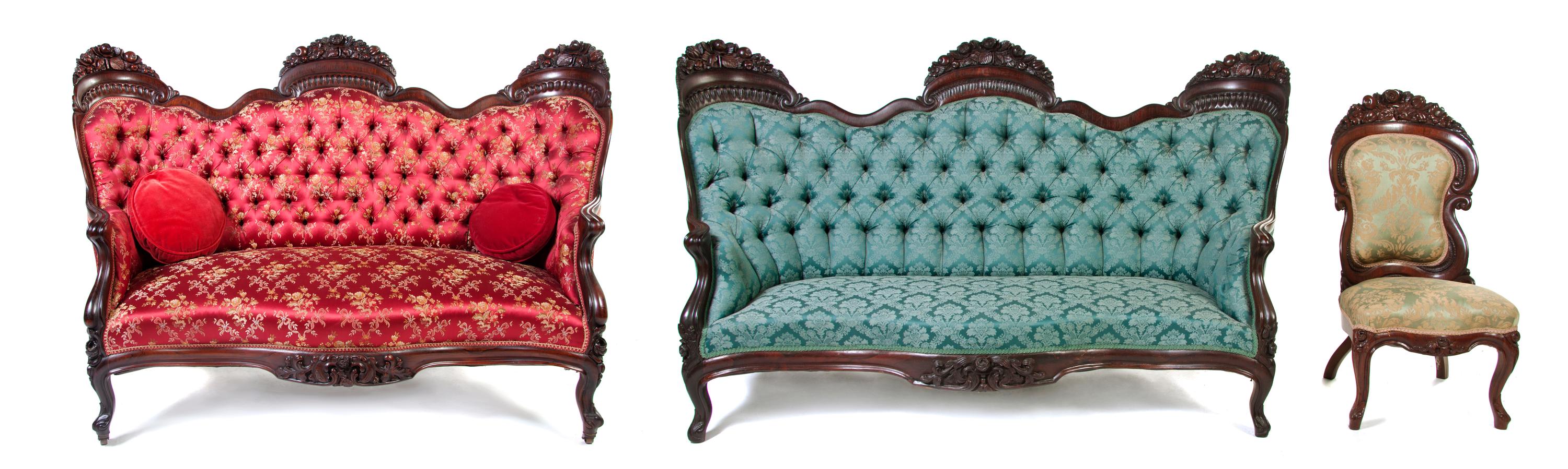 A John Henry Belter Laminated Parlour Suite, Width of settee 74 inches.