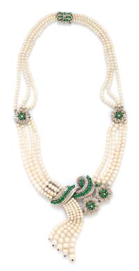 A White Gold, Emerald, Diamond and Cultured Pearl Multistrand Cascade Necklace, 43.40 dwts.