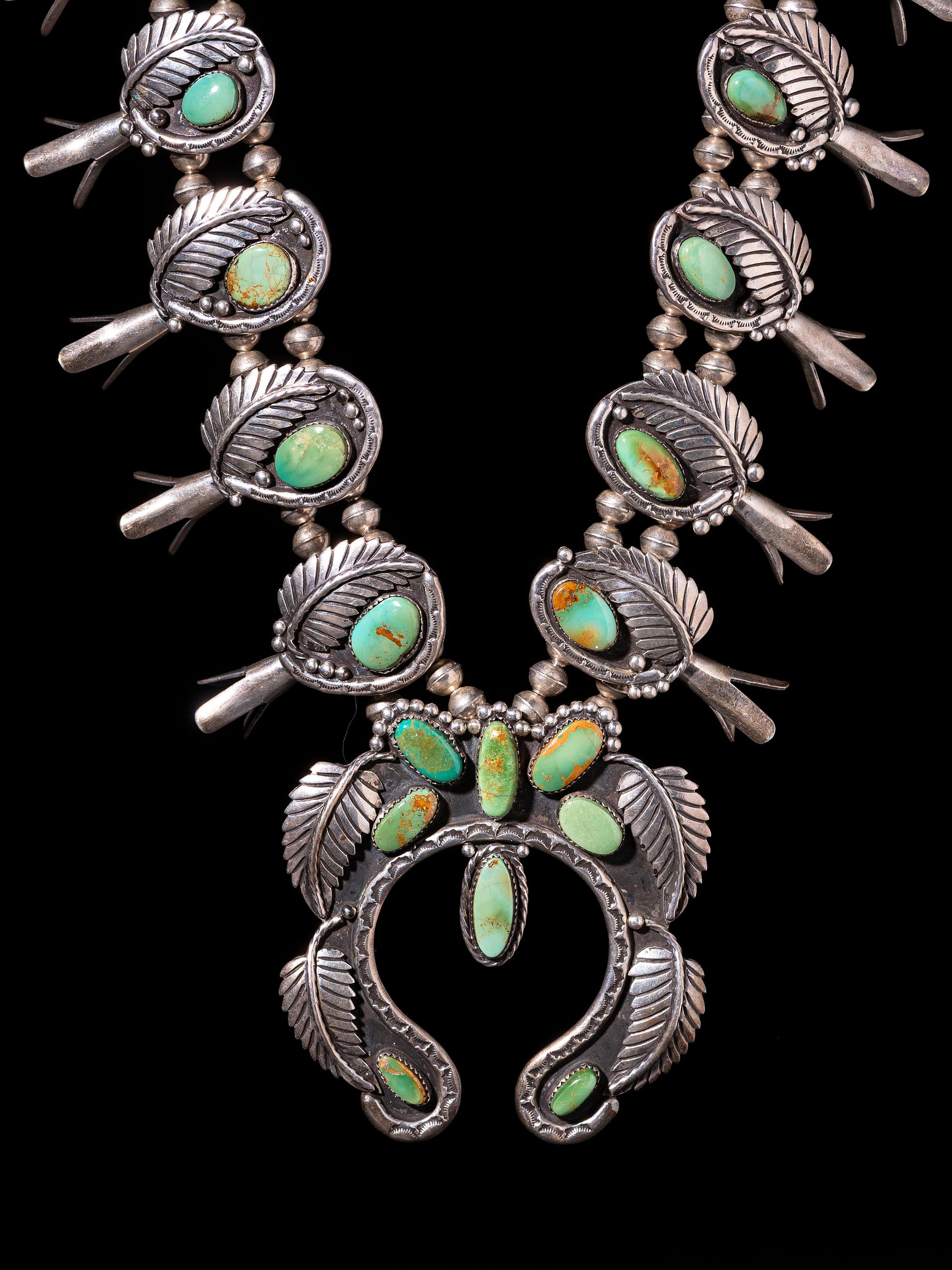 Navajo Silver and Turquoise Squash Blossom Necklace
