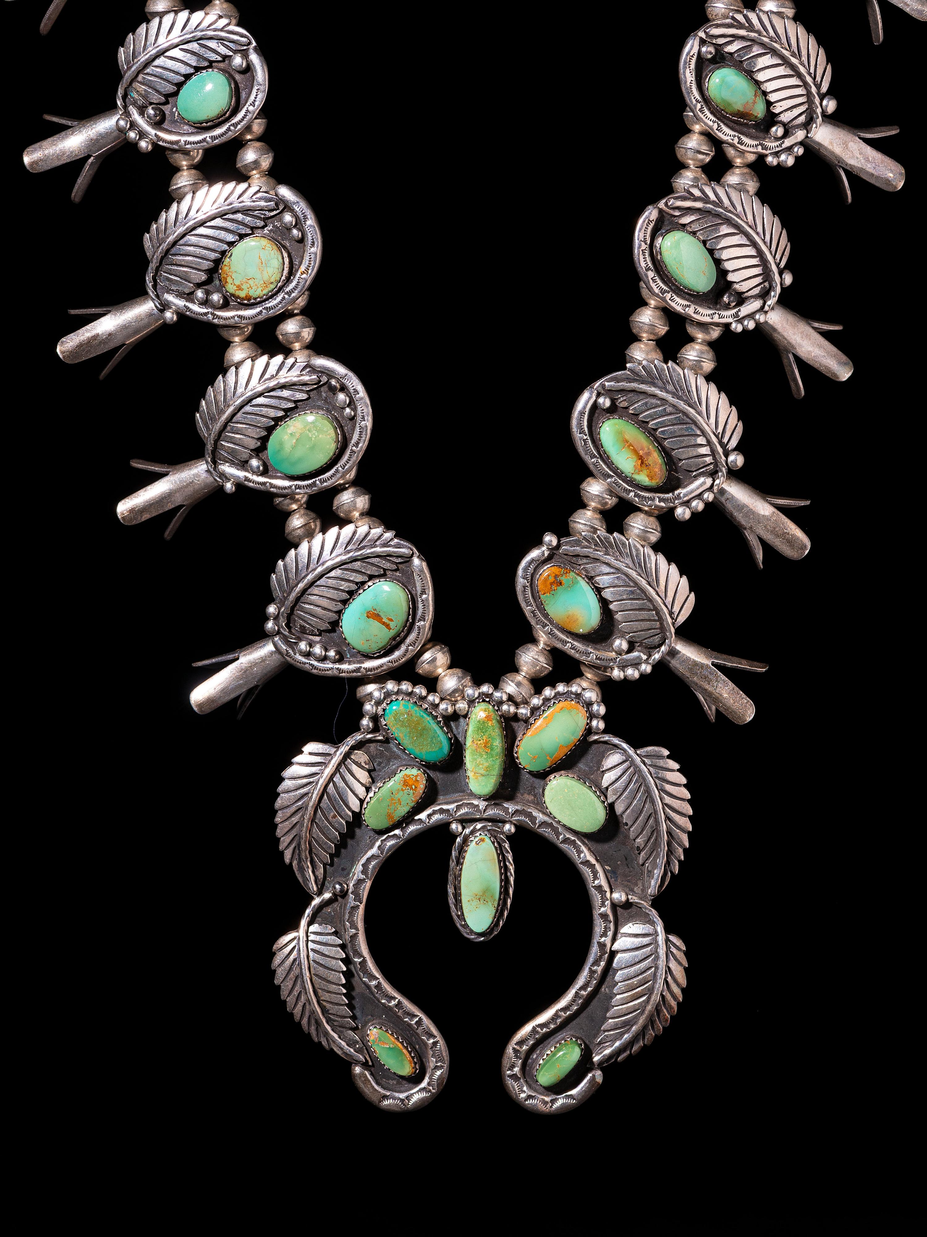 Navajo Silver and Turquoise Squash Blossom Necklace