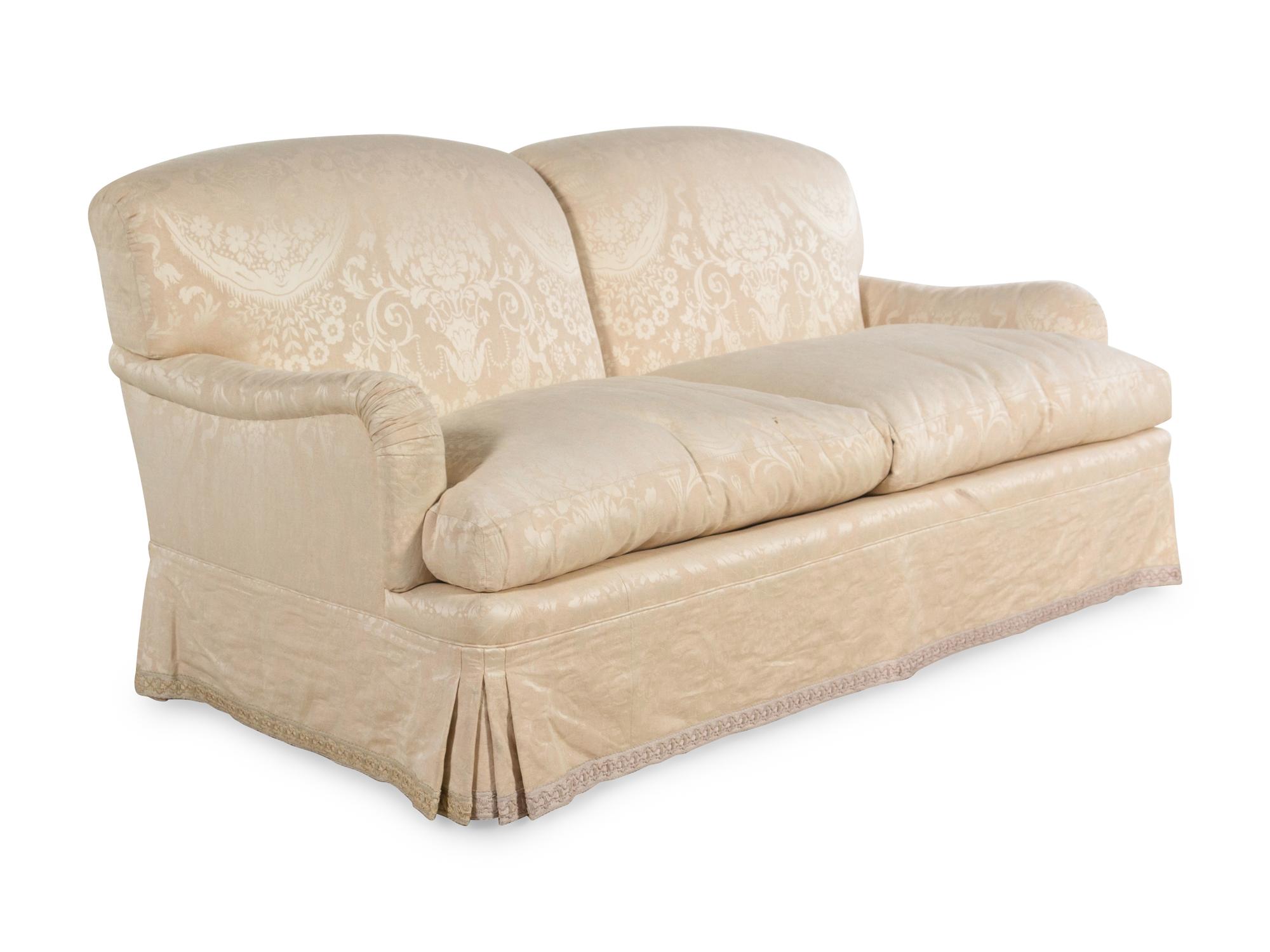 A Cream Damask Upholstered Two-Seat Sofa