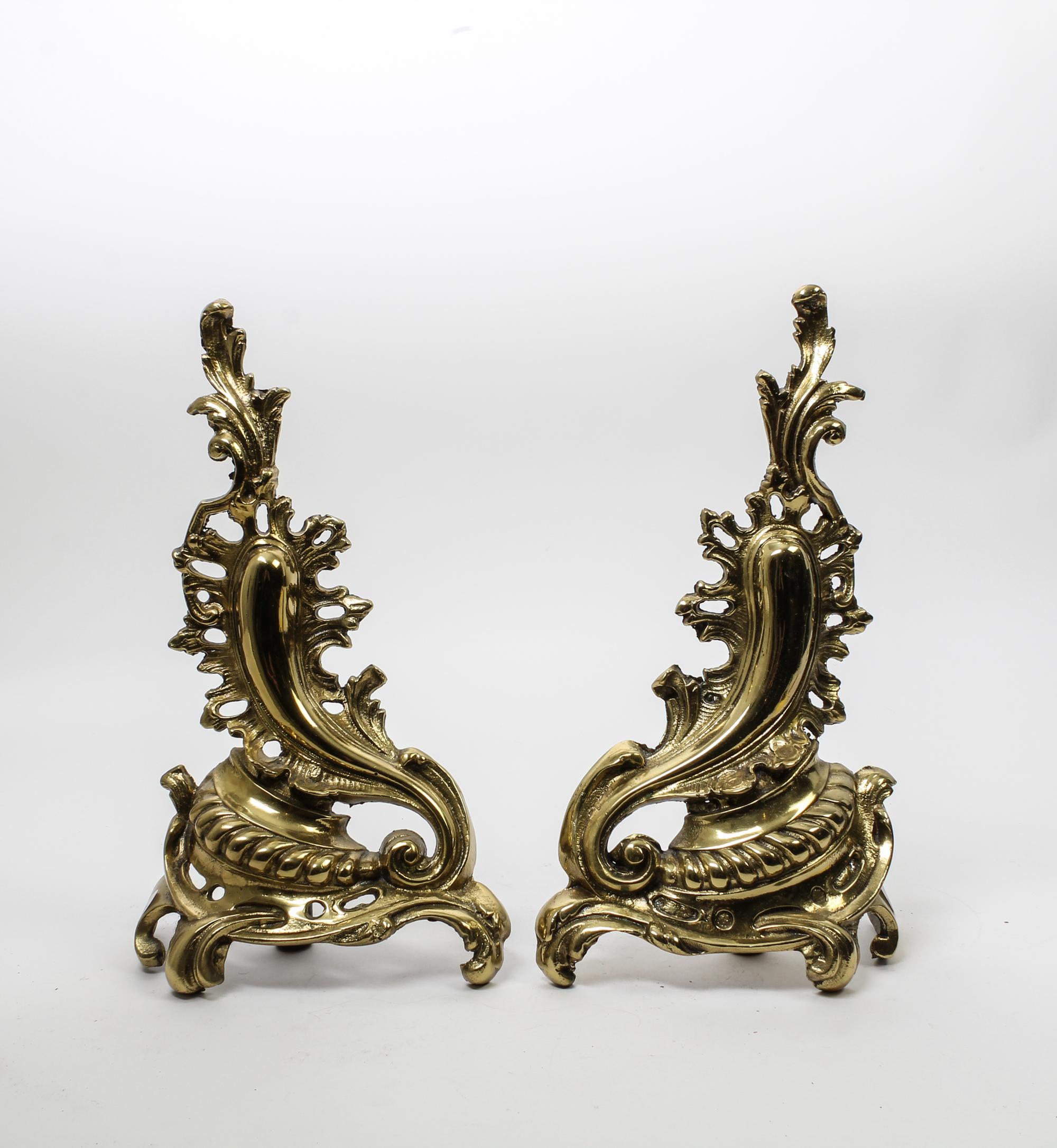 A Pair of Louis XV Style Brass Chenets Height 17 inches. — 20TH CENTURY