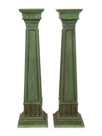 A Pair of Green-Painted Carved Wood Pedestals