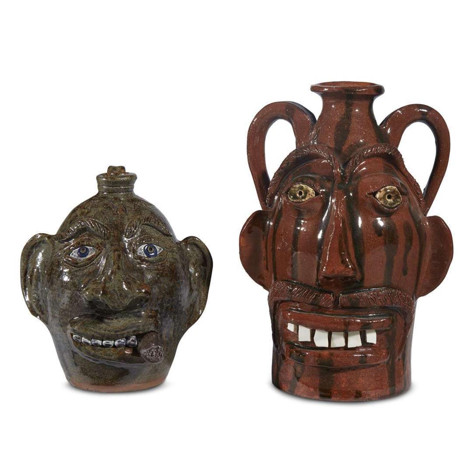 Group of five glazed stoneware face jugs and one figure various artists, Southern States, late 20th century