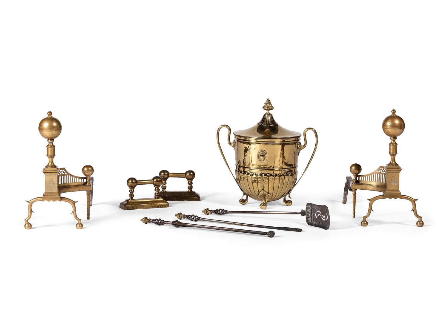 A Pair of Federal Engraved Brass Ball-Top Andirons