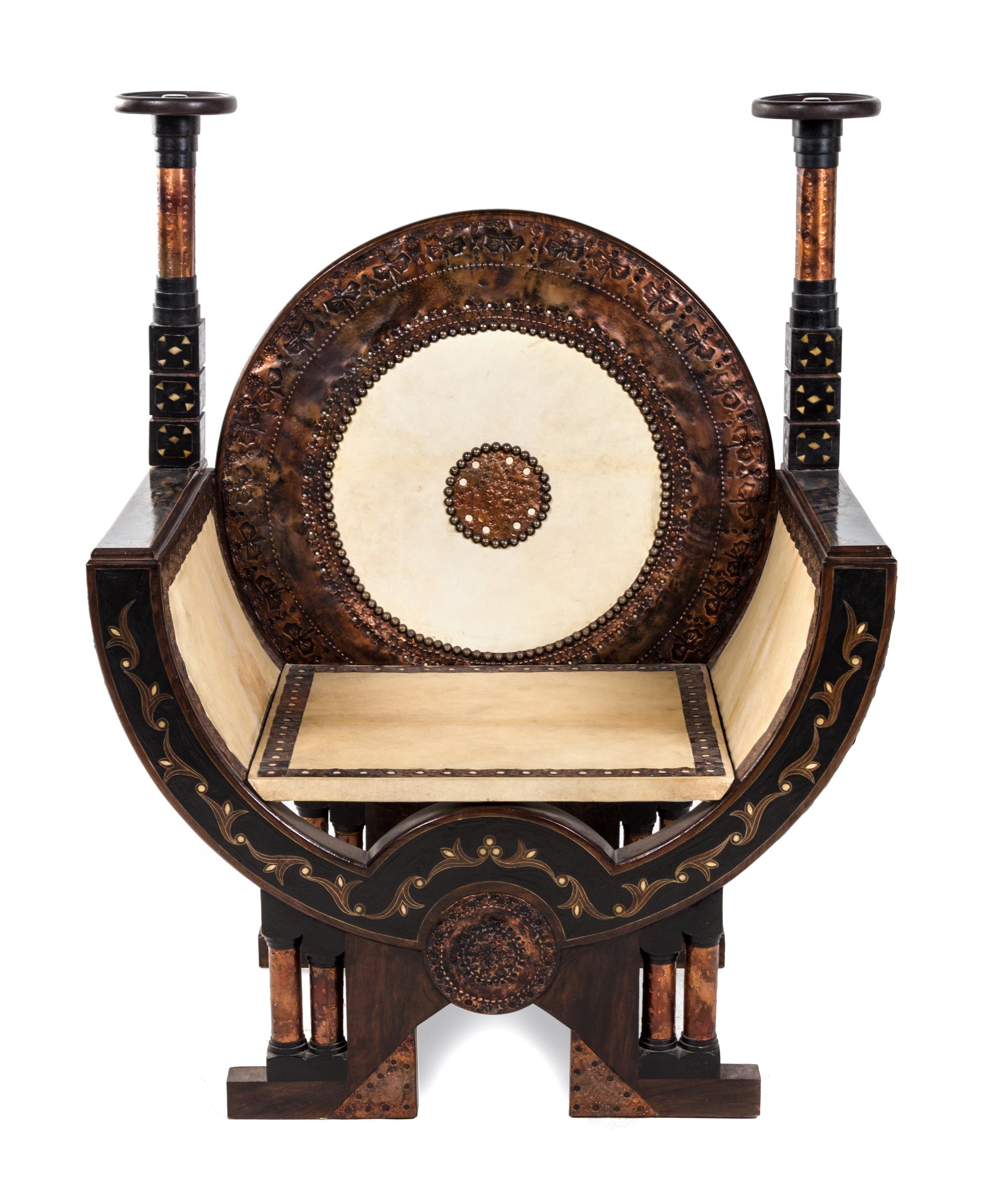An Italian Carved and Inlaid Throne Chair Height 43 inches. — CIRCA 1900, ATTRIBUTED TO CARLO BUGATTI