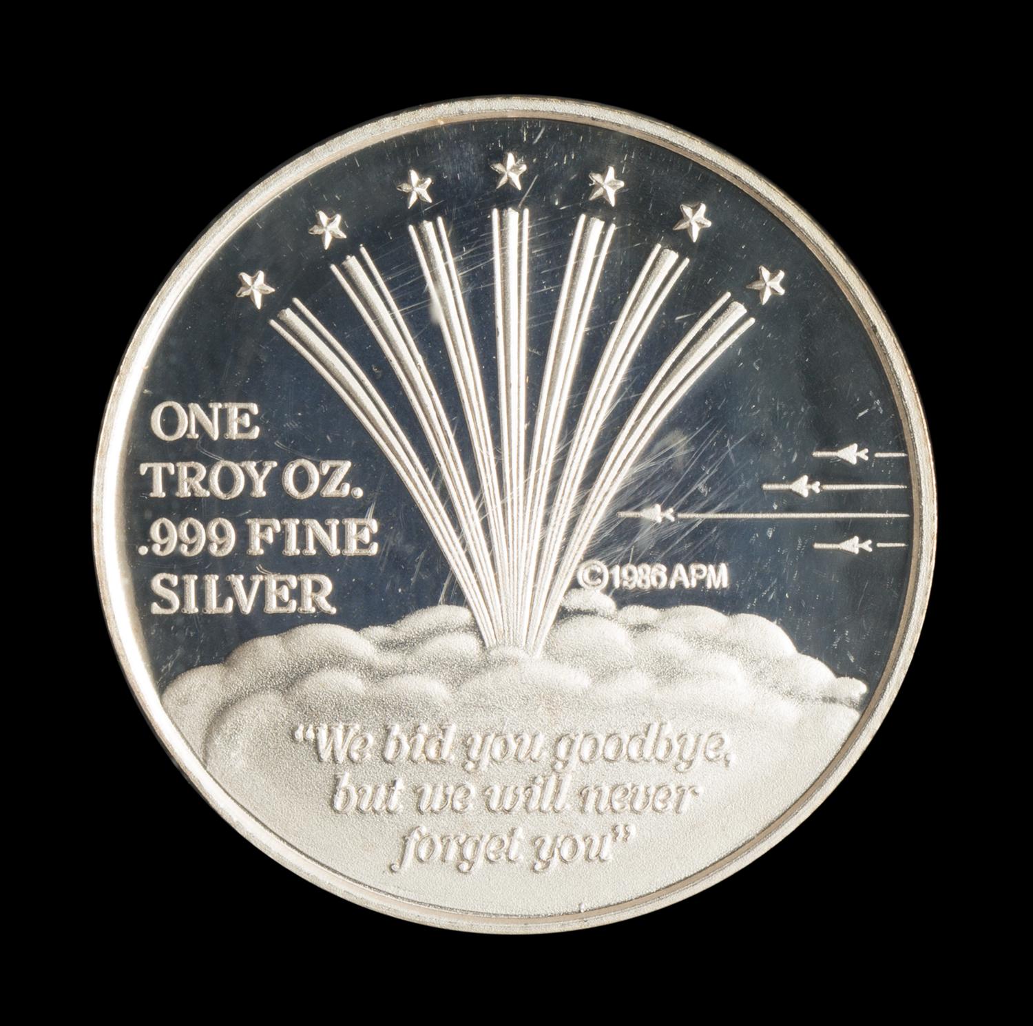 A 1986 Space Shuttle Challenger Memorial 1 oz. Silver Round