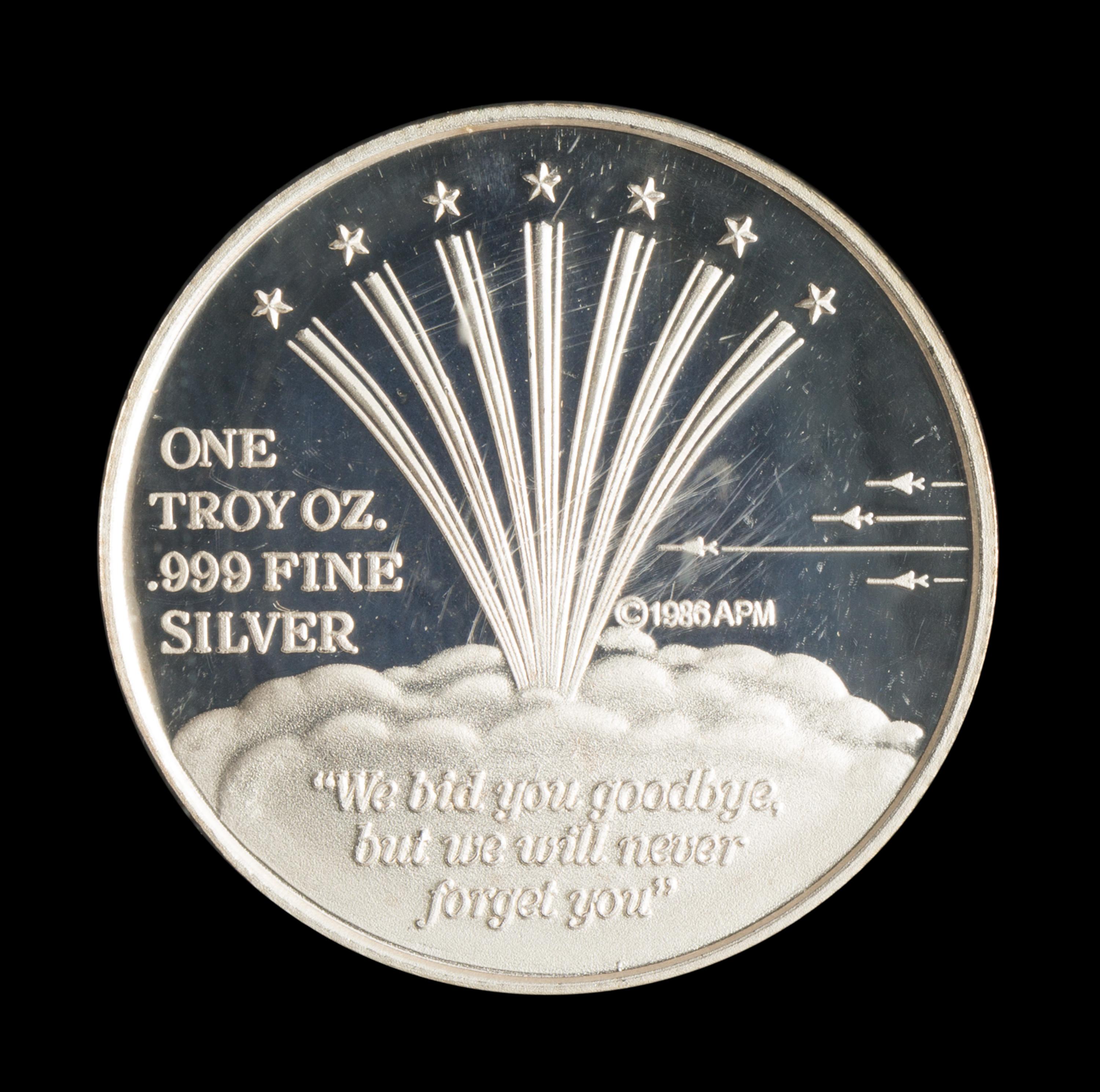 A 1986 Space Shuttle Challenger Memorial 1 oz. Silver Round
