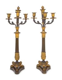 A Pair of Louis Philippe Patinated and Gilt Bronze Three-Light Candelabra