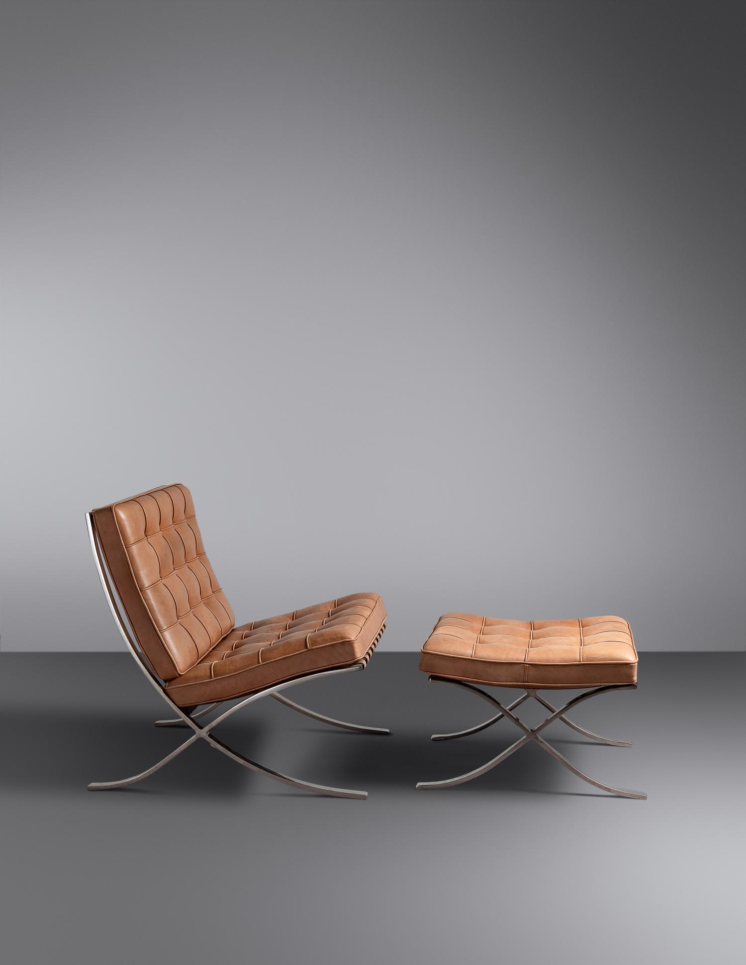 Pair of Barcelona Chairs with Ottoman Knoll International, USA