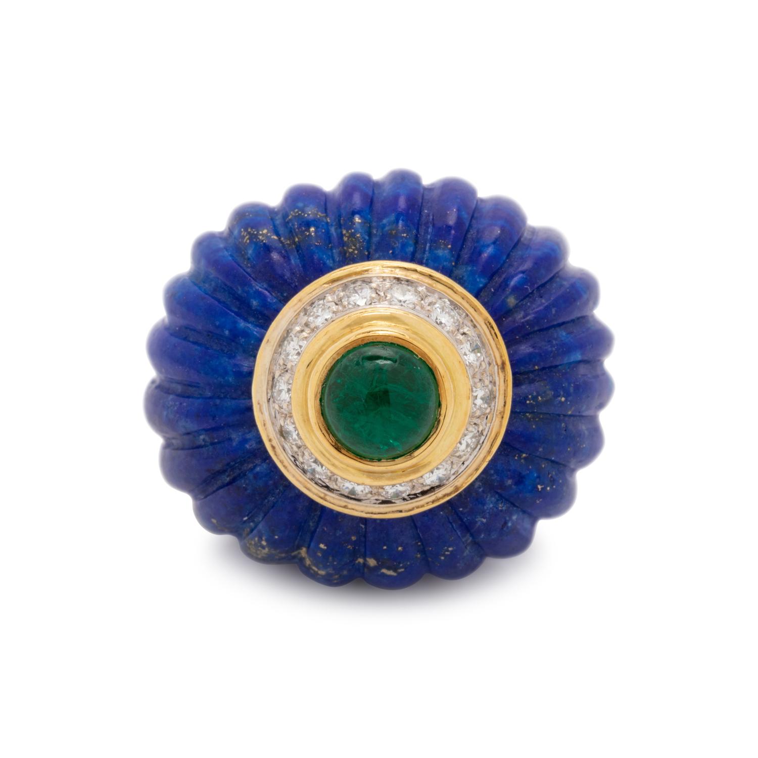 LAPIS LAZULI, SYNTHETIC EMERALD AND DIAMOND RING