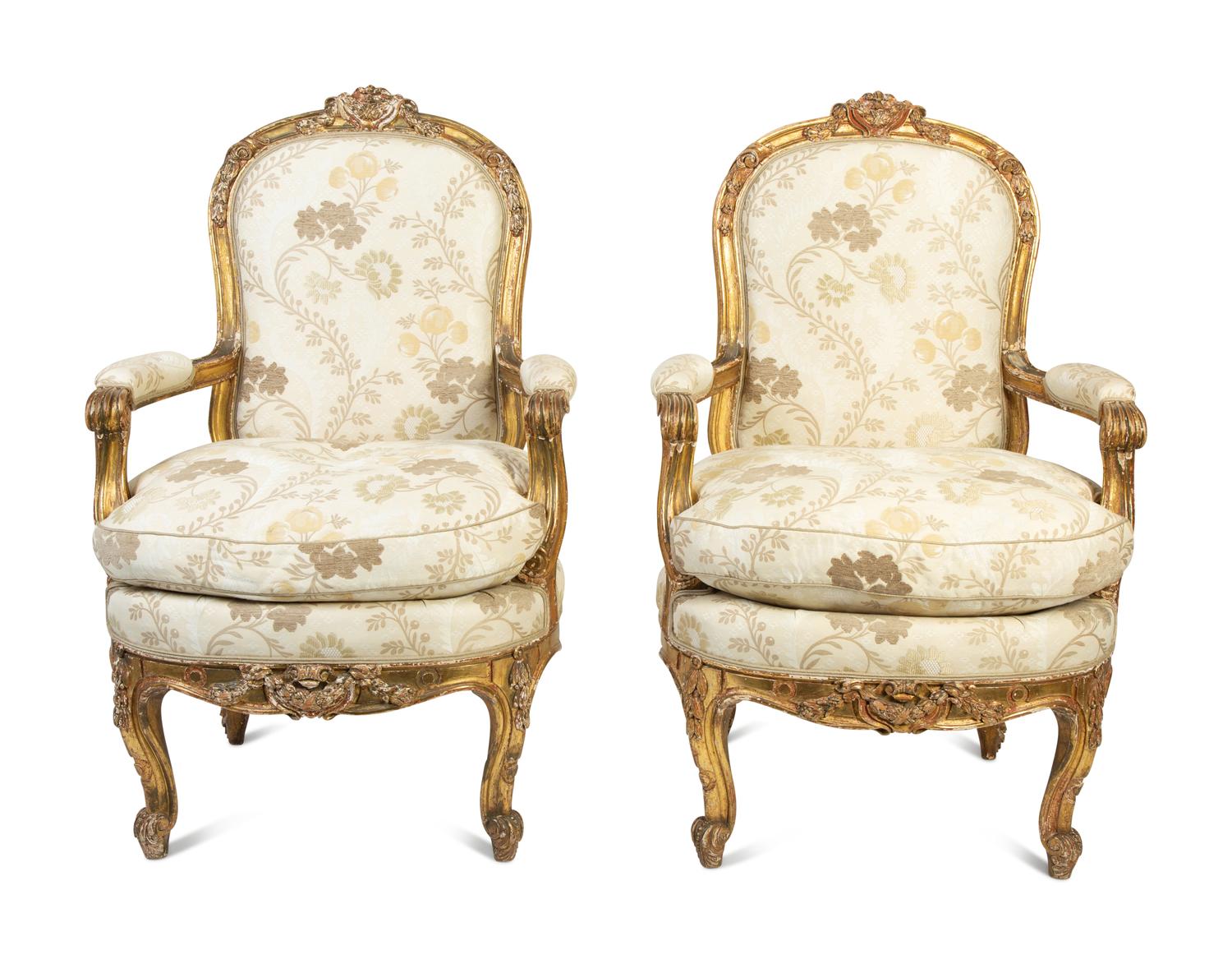 A Pair of Louis XV Style Giltwood Fauteuils — 19TH CENTURY