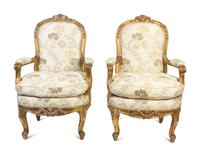 A Pair of Louis XV Style Giltwood Fauteuils — 19TH CENTURY