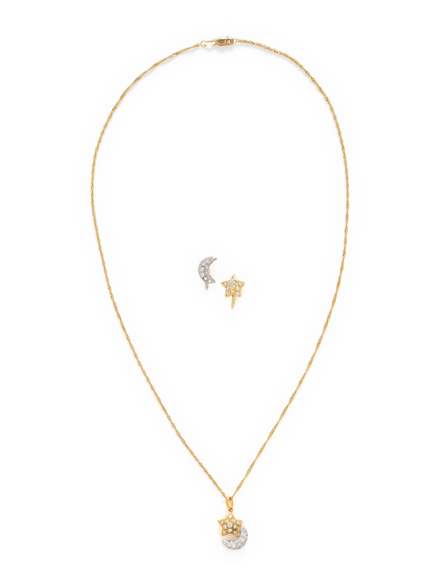 BICOLOR GOLD AND DIAMOND MOON AND STAR SET