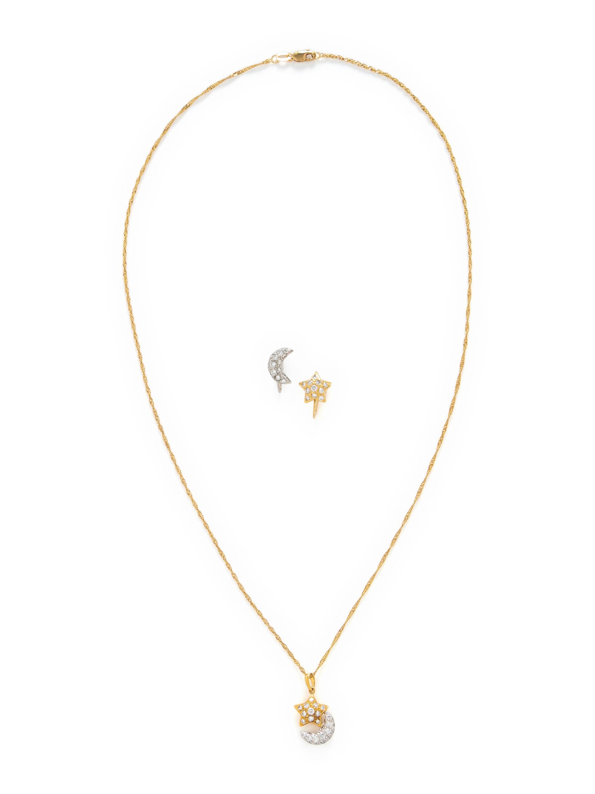 BICOLOR GOLD AND DIAMOND MOON AND STAR SET