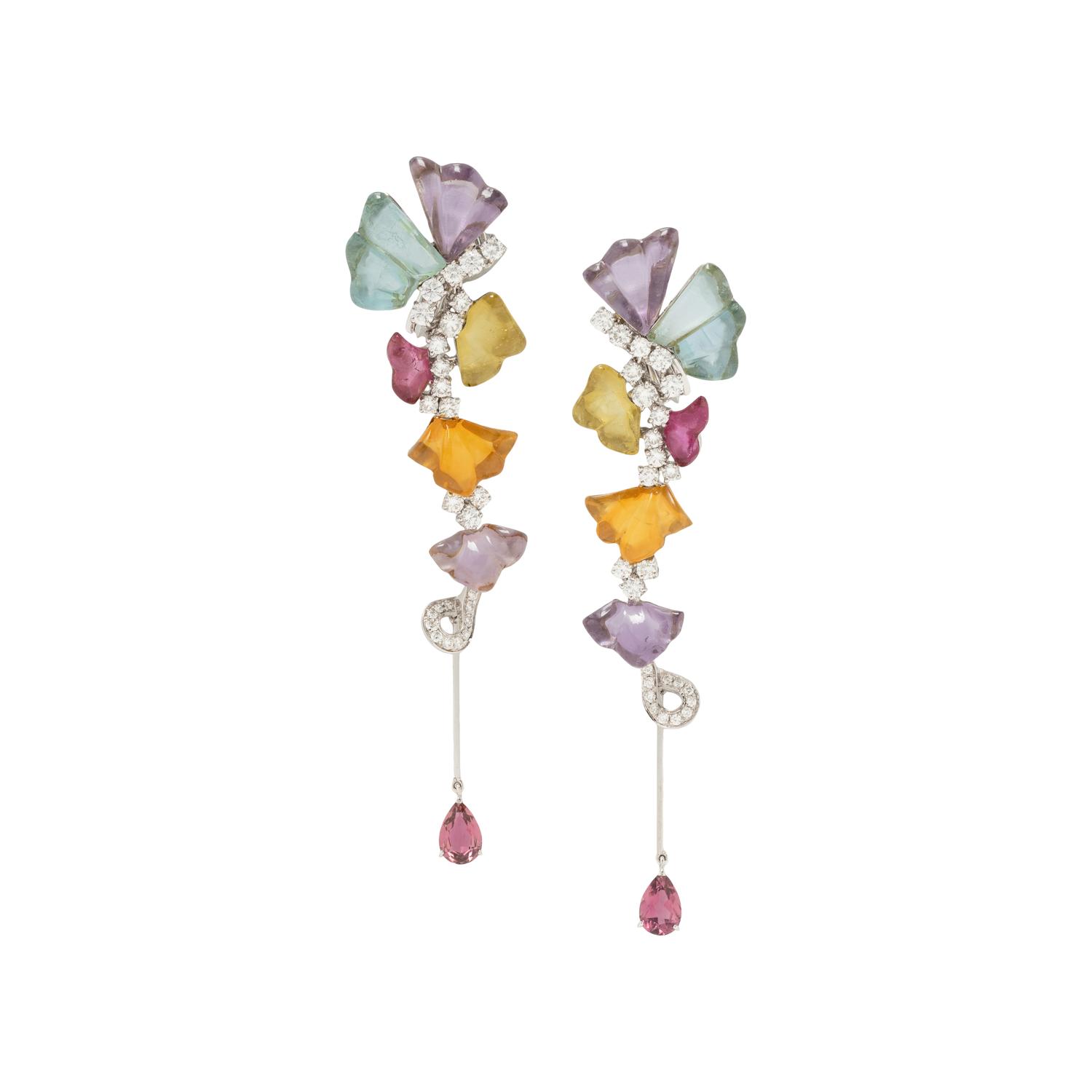 CARVED MULTIGEM AND DIAMOND EARRINGS