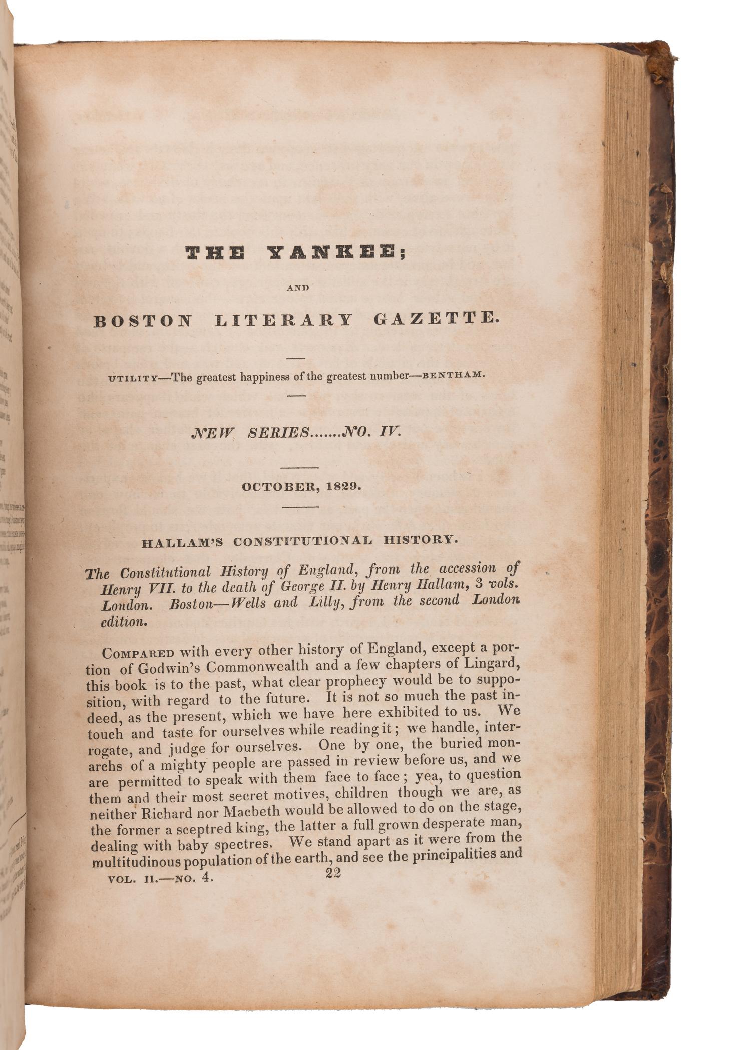 [POE, Edgar Allan (1809-1849)]. [Review of "Fairyland"] pp. 168. -- [Review of "Al Aaraaf" and "Tamerlane"] pp. 295-298. In: The Yankee; and Boston Literary Gazette. No. 79. New Series. John NEAL, editor. N.p.: N.p., July 1829 - November 1829.