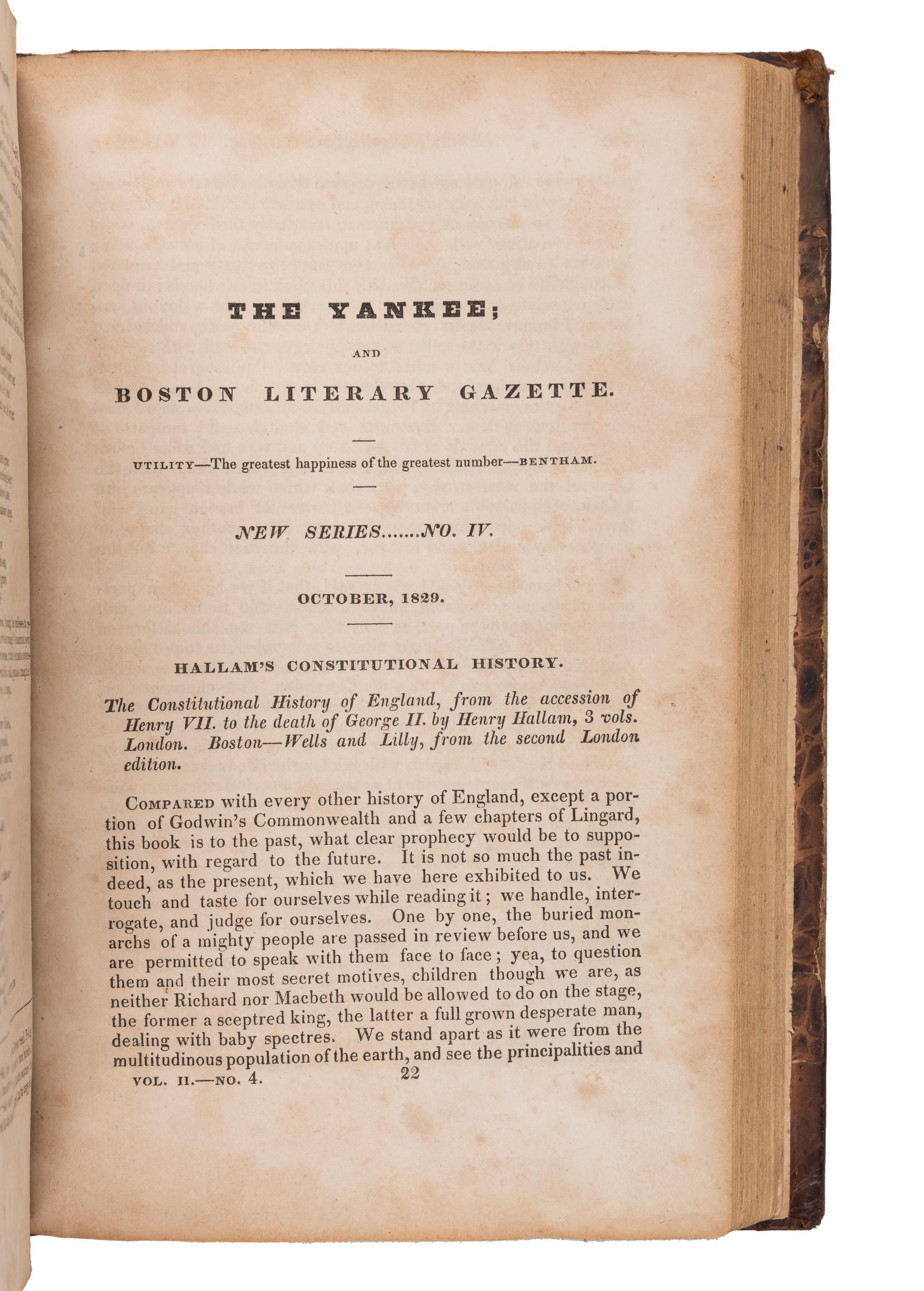 [POE, Edgar Allan (1809-1849)]. [Review of "Fairyland"] pp. 168. -- [Review of "Al Aaraaf" and "Tamerlane"] pp. 295-298. In: The Yankee; and Boston Literary Gazette. No. 79. New Series. John NEAL, editor. N.p.: N.p., July 1829 - November 1829.